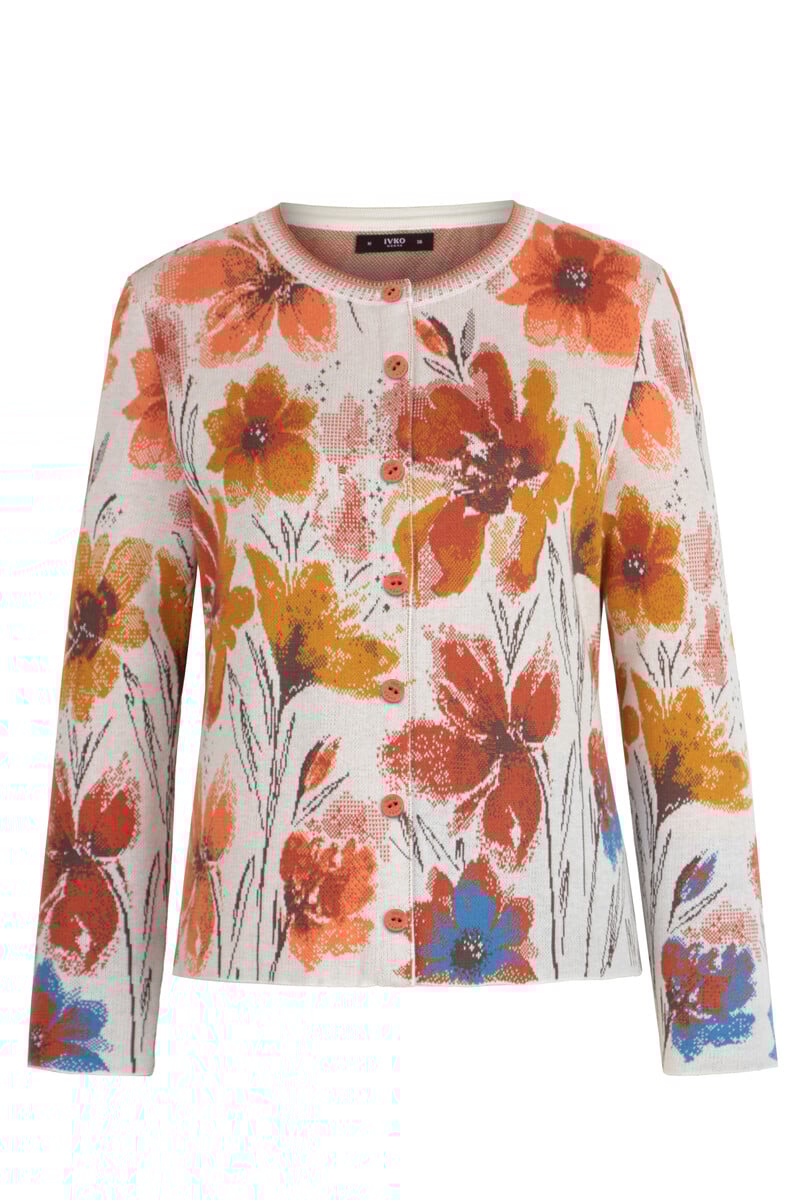 IVKO - Jacquard Cardigan Floral Pattern White Coffee | Artistiek Beige Vest met Kleurrijke Bloemen