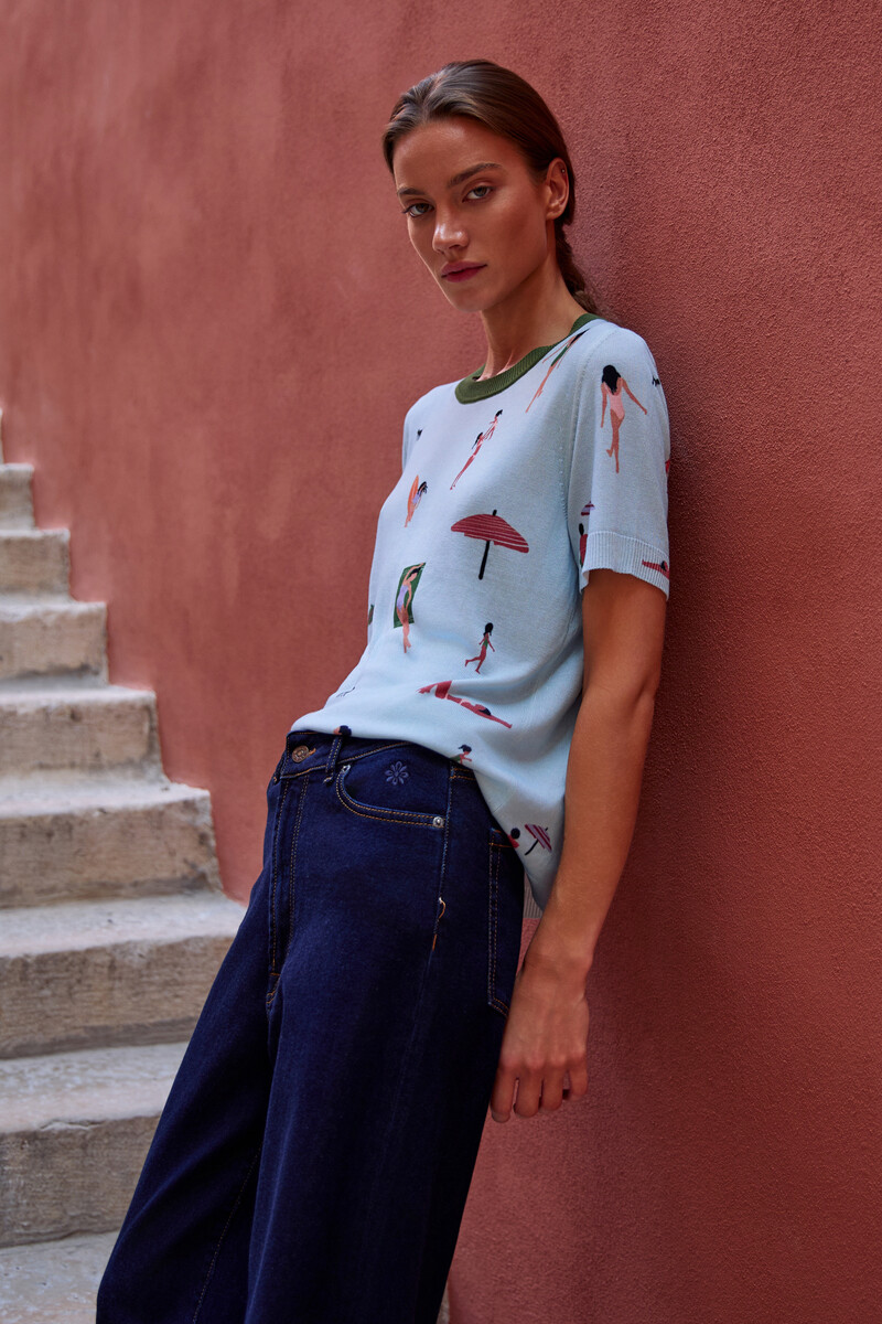 IVKO - Pullover Beach Fun Pattern Sky | Light Blue Summer Shirt with Beach Feeling