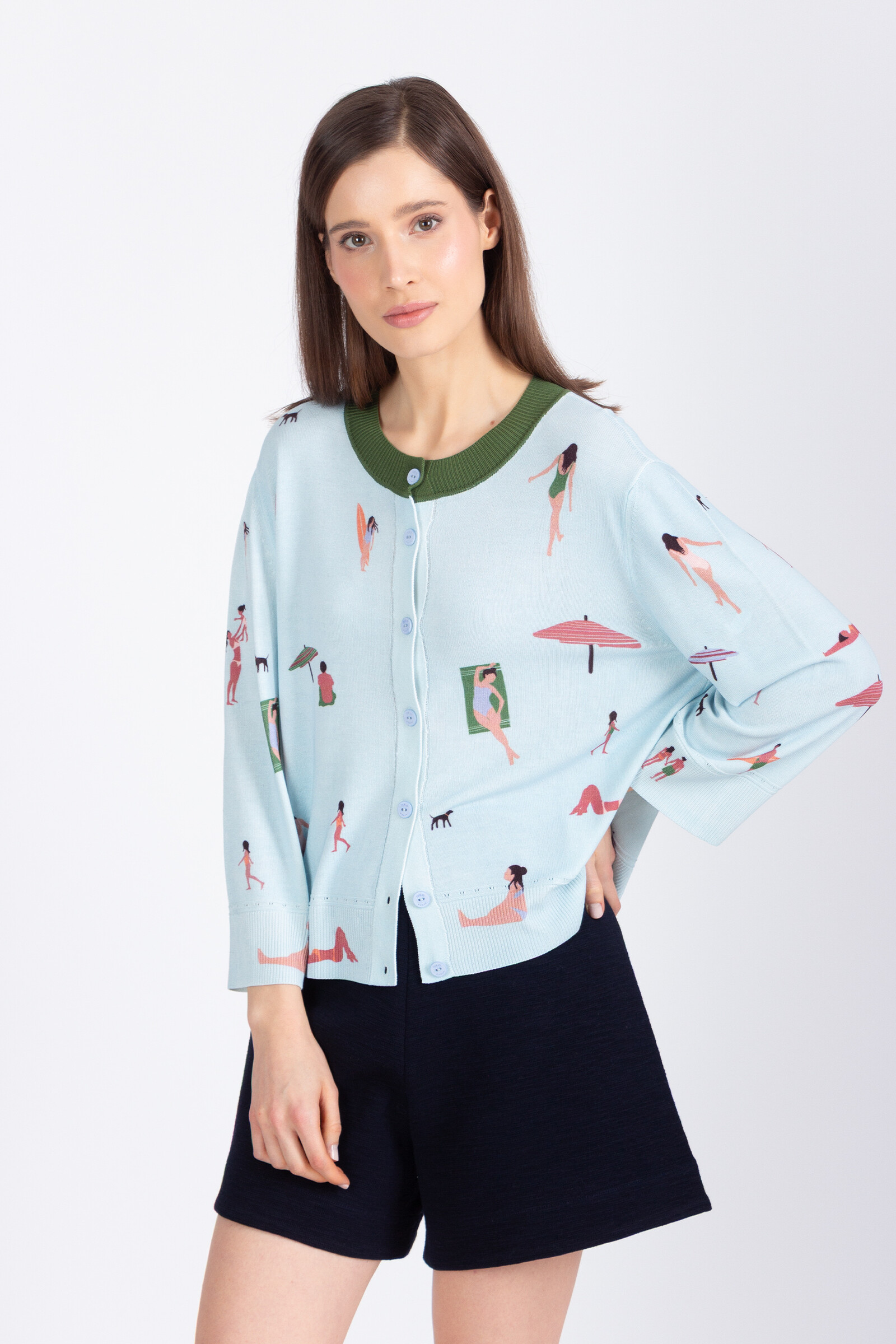 IVKO  Woman IVKO - Cardigan Beach Fun Pattern Sky | Helllblaue Sommerstrickjacke mit Strandgefühl