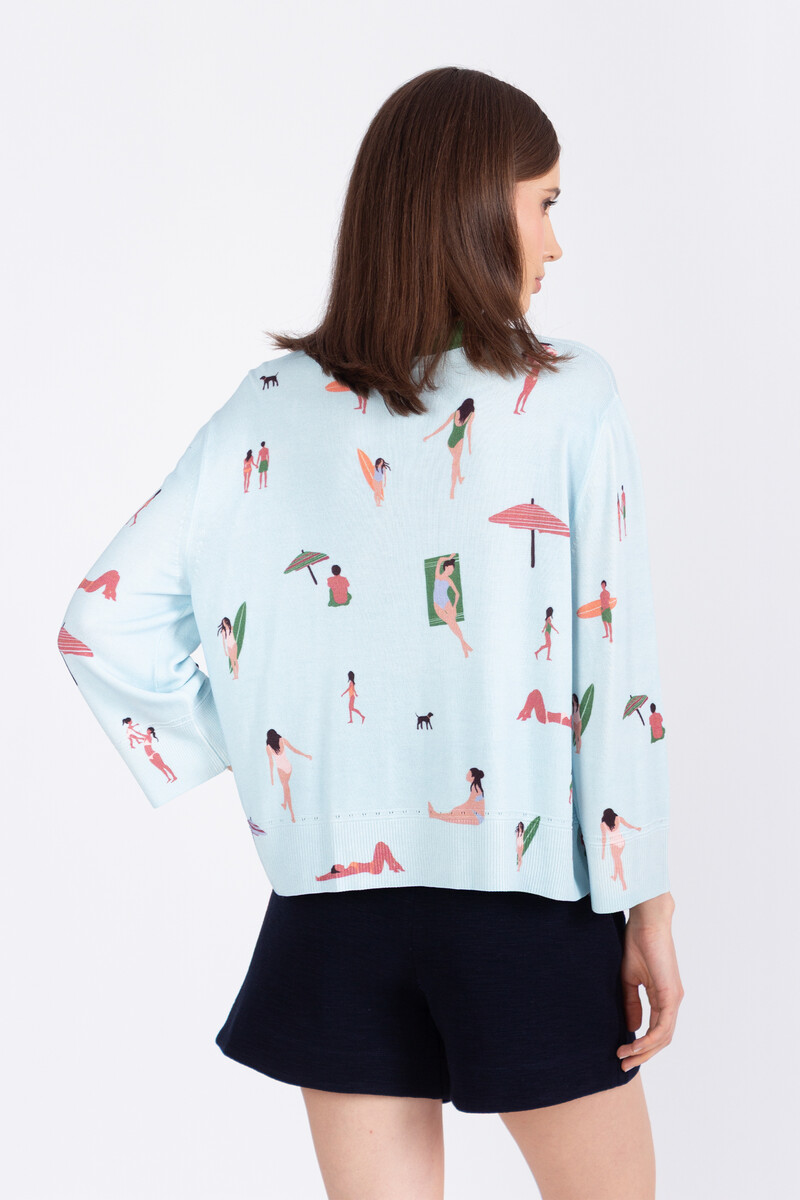 IVKO - Cardigan Beach Fun Pattern Sky | Helllblaue Sommerstrickjacke mit Strandgefühl