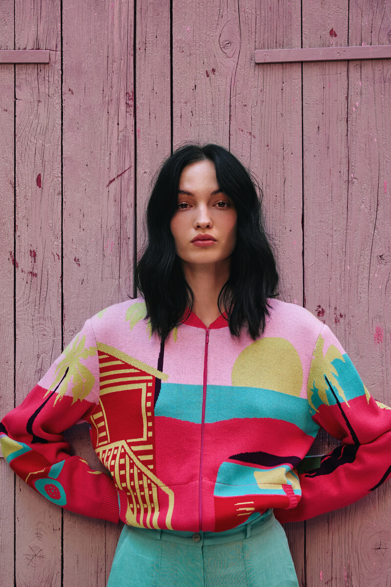 IVKO - Jacquard Bomber Jacket Urban Fun Pattern Pink | Felroze Zomers Bomberjack van 100% Katoen