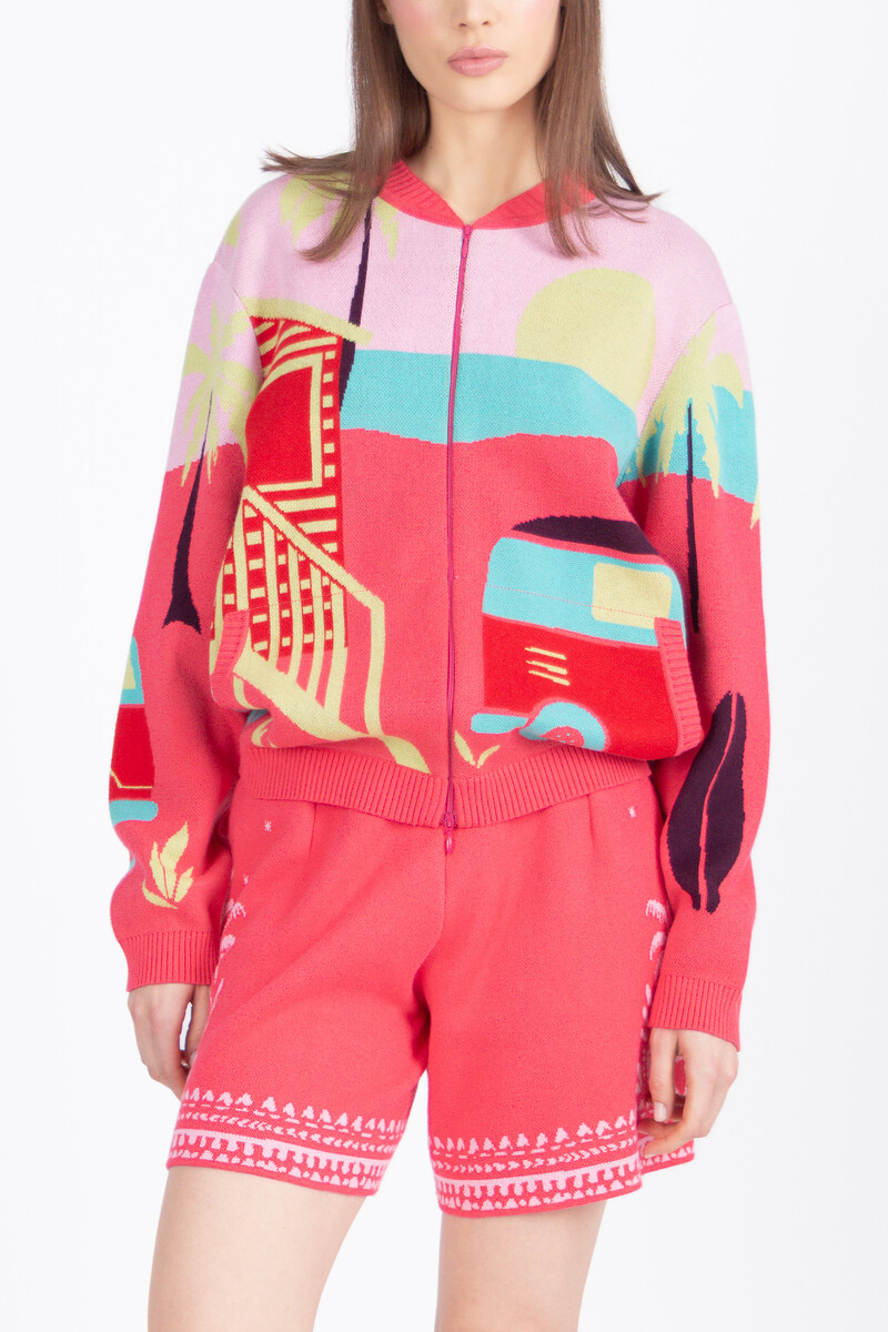 IVKO - Jacquard Bomber Jacket Urban Fun Pattern Pink | Felroze Zomers Bomberjack van 100% Katoen