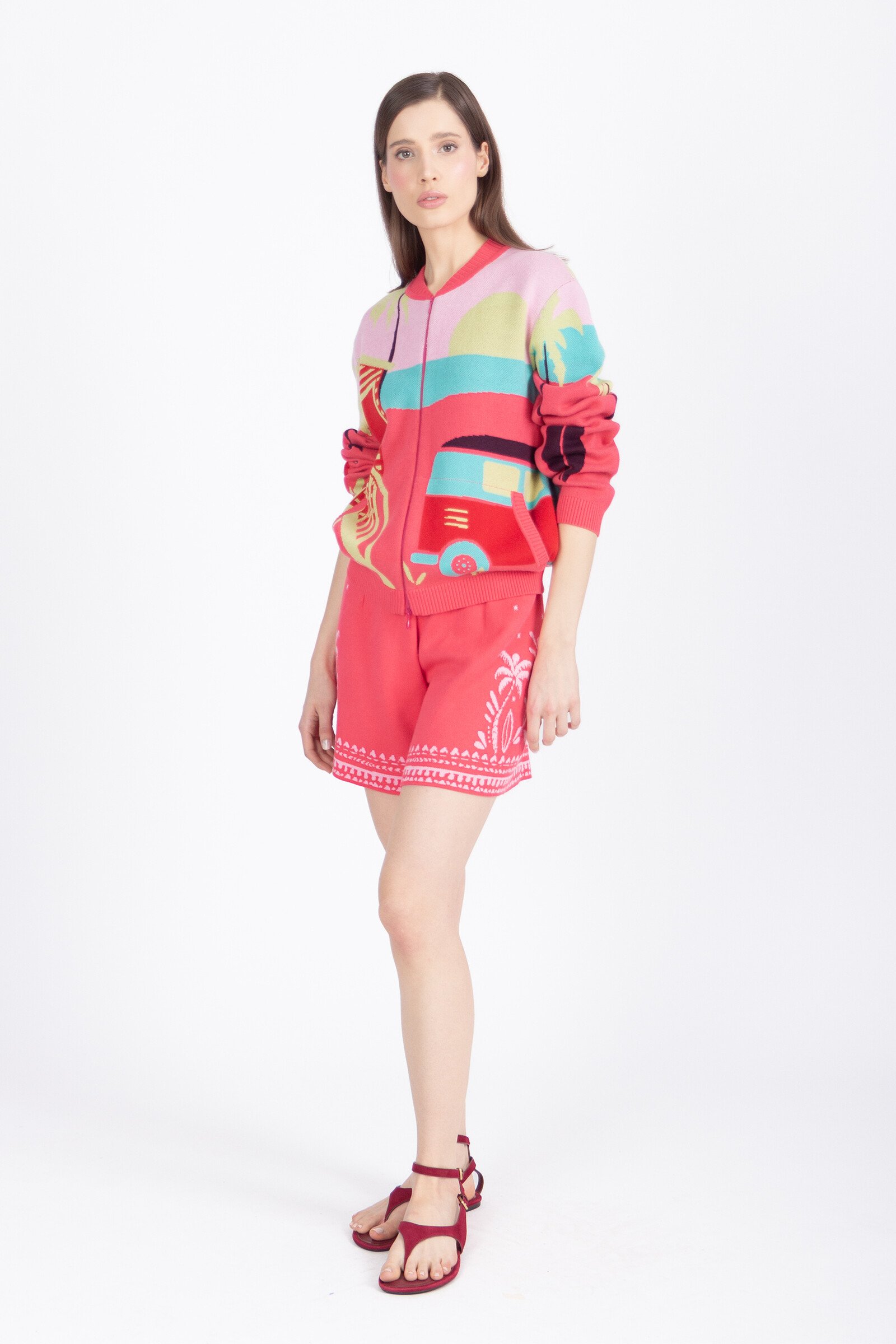 IVKO  Woman IVKO - Jacquard Bomber Jacket Urban Fun Pattern Pink | Felroze Zomers Bomberjack van 100% Katoen