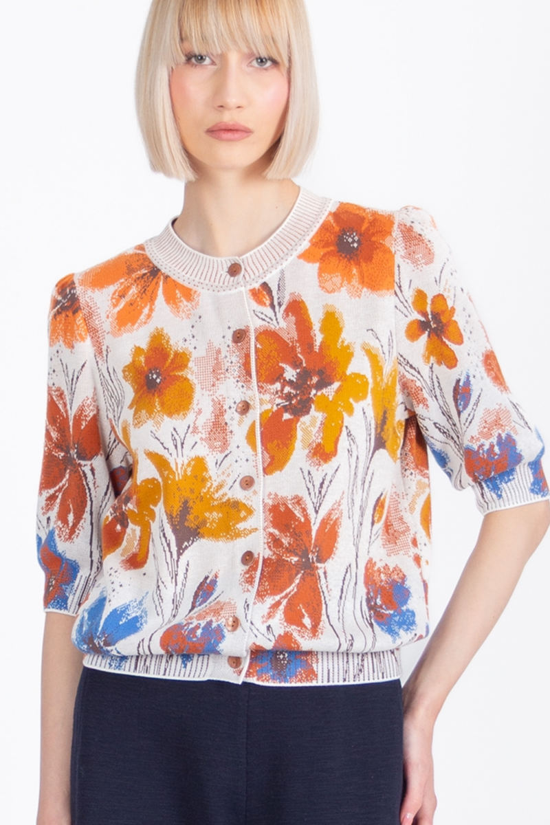 IVKO - Short Sleeve Cardigan Floral Pattern White Coffee | Verleidelijk Beige Vest met Kleurrijke Bloemen