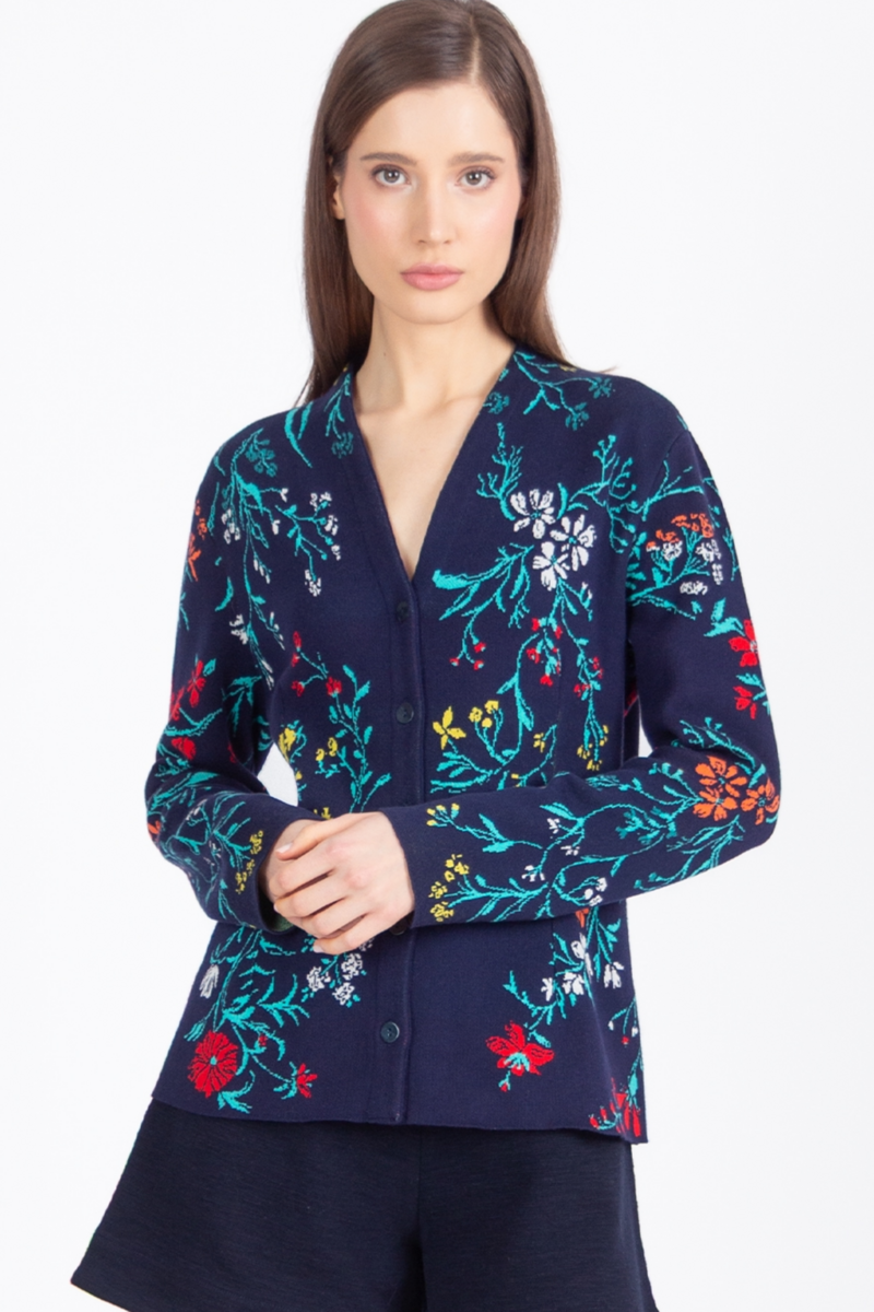 IVKO - Jacquard V-Neck Jacket Floral Pattern Marine | Donkerblauw Zomers Vest met Kleurrijke Bloemen