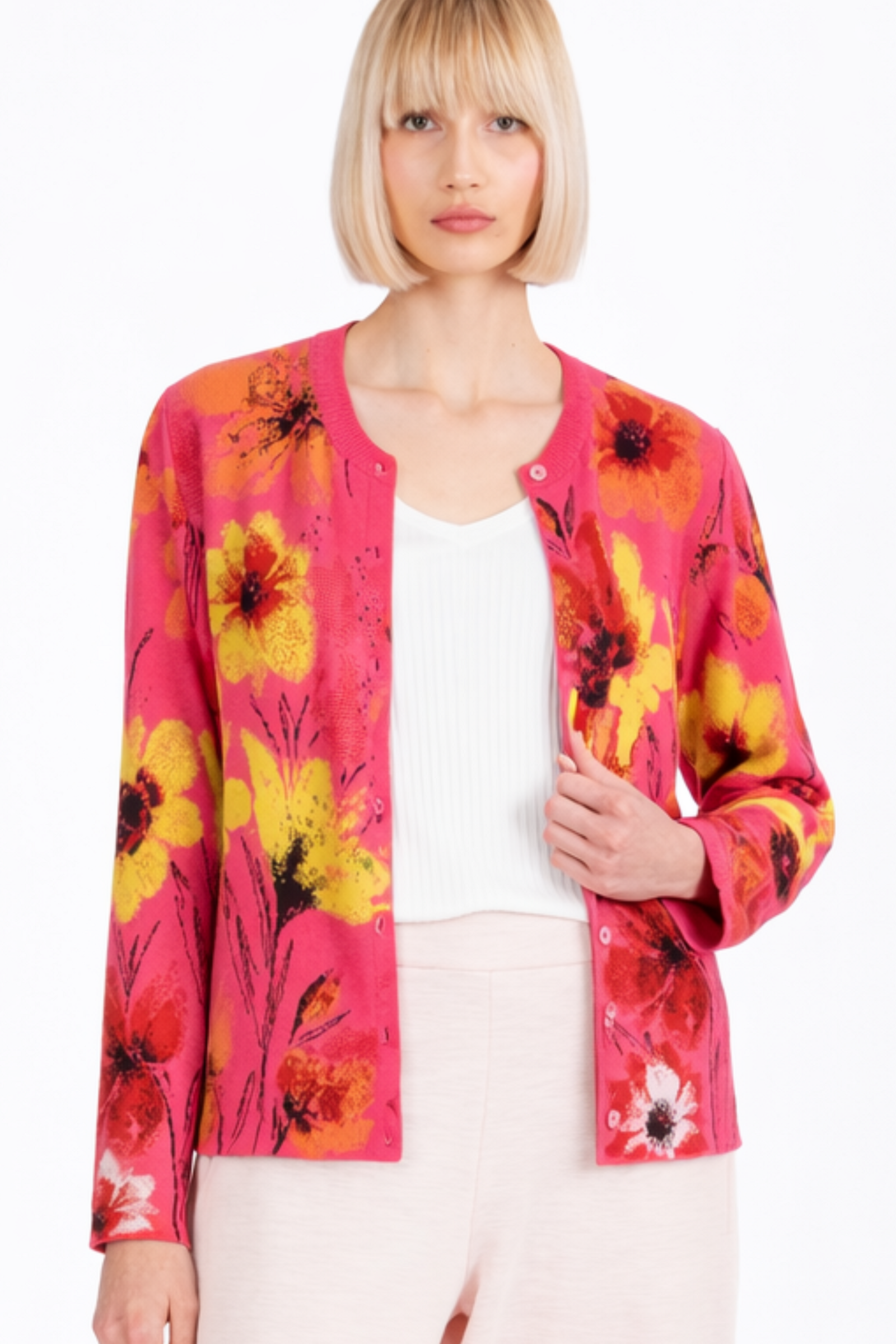 IVKO  Woman IVKO - Jacquard Cardigan Floral Pattern Pink | Artistiek Felroze Vest met Kleurrijke Bloemen