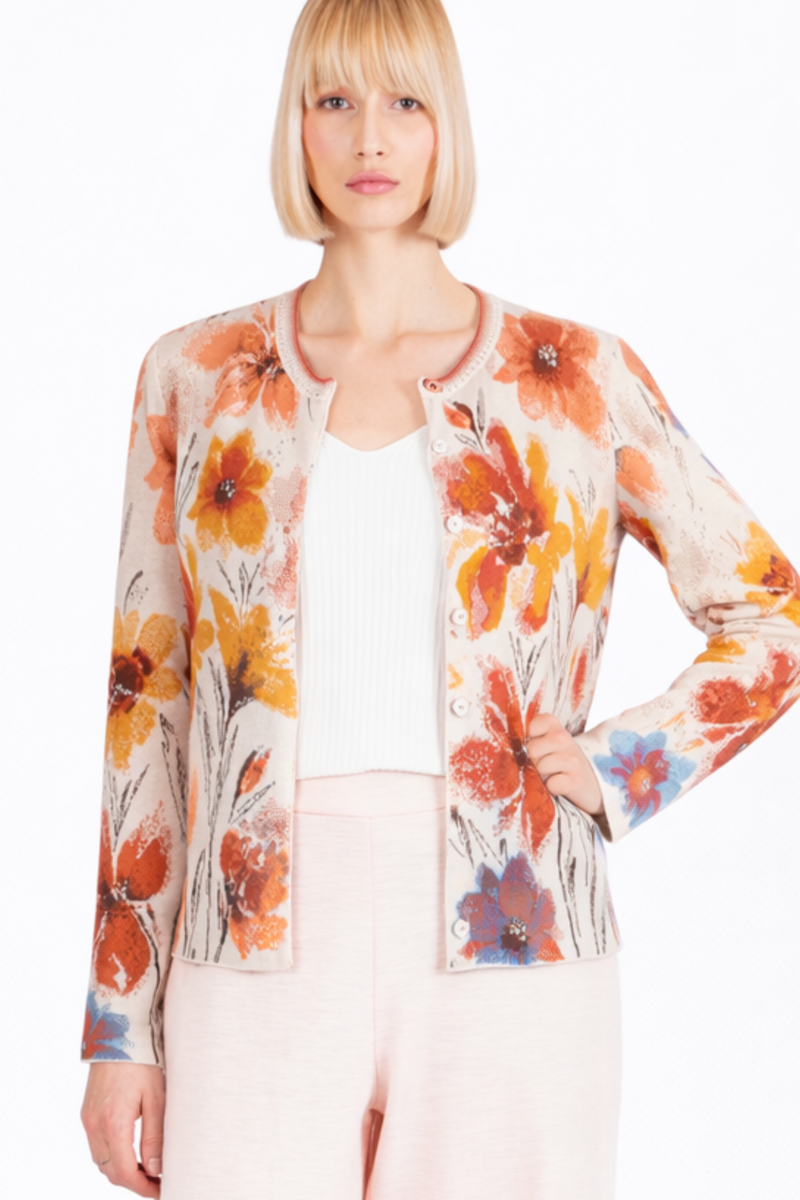 IVKO - Jacquard Cardigan Floral Pattern White Coffee | Artistiek Beige Vest met Kleurrijke Bloemen