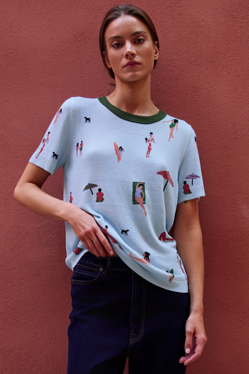 IVKO - Pullover Beach Fun Pattern Sky | Lichtblauw Zomers Shirt met Strandgevoel