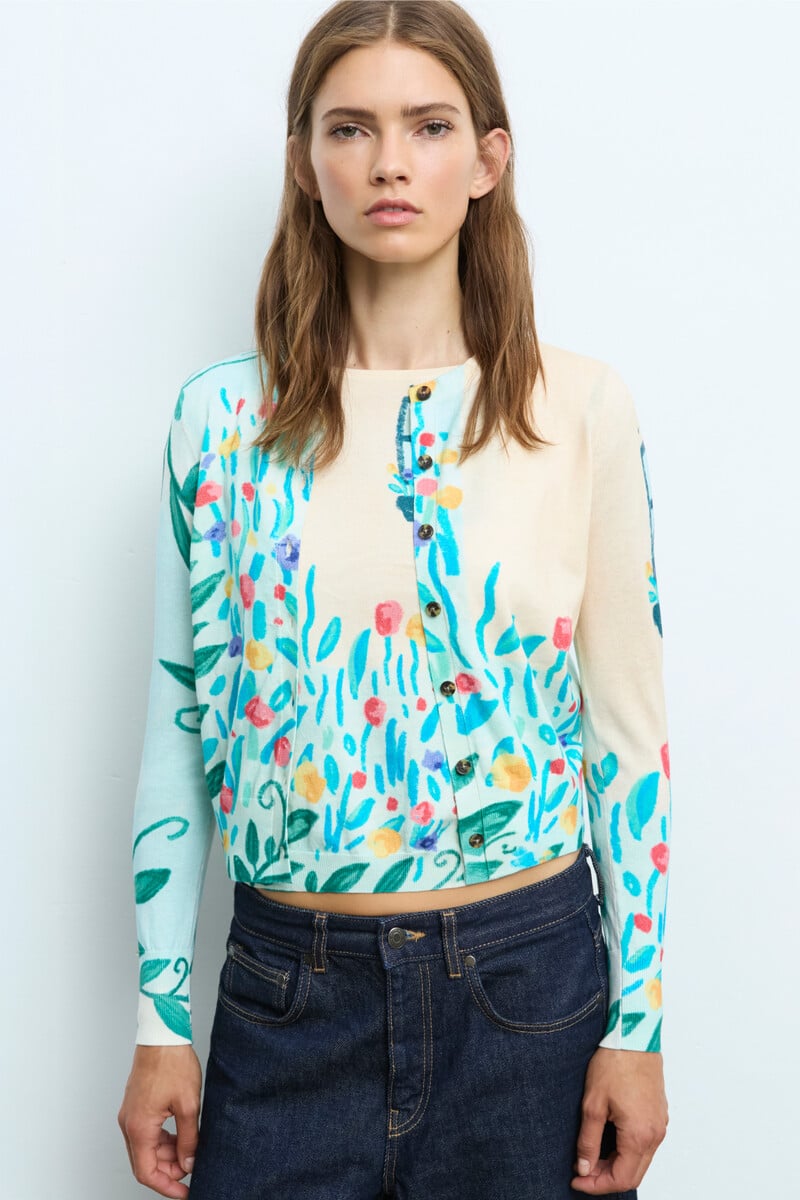 Aldo Martins - Cardigan Window Light Green | Gebloemd Vest van Katoen en Zijde