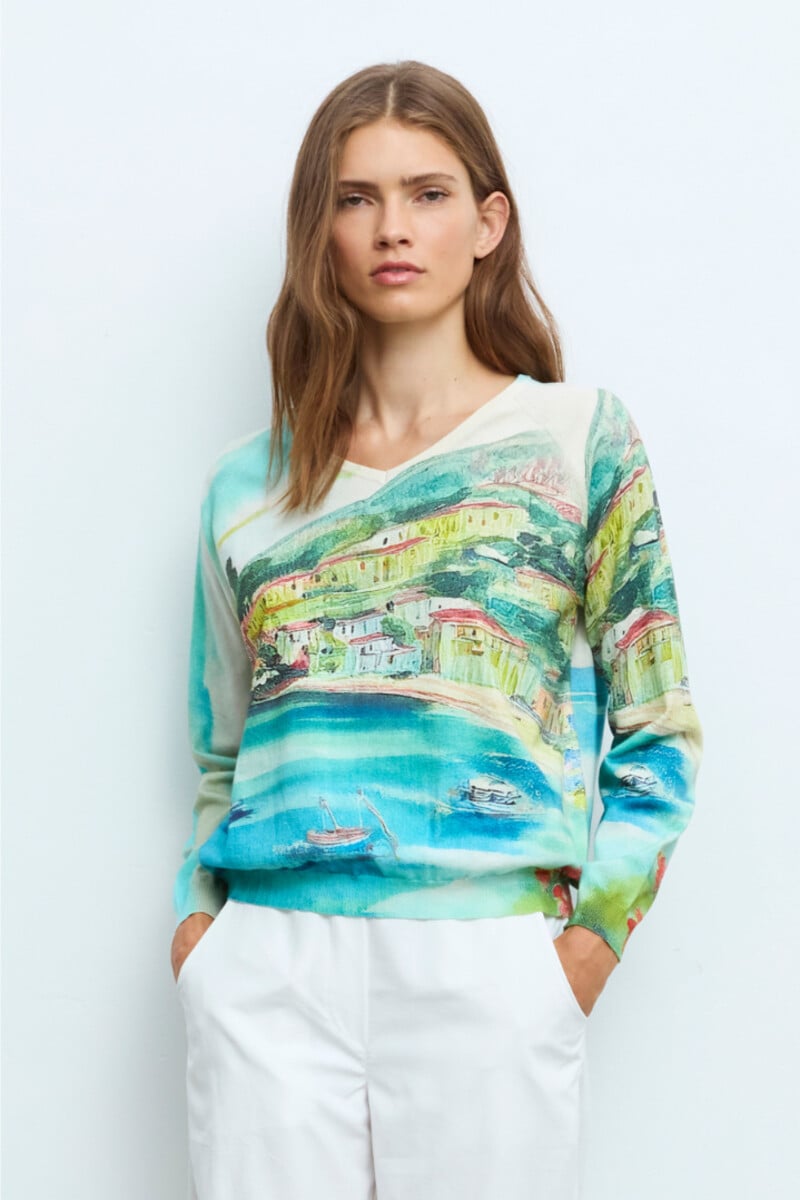 Aldo Martins - Sweater Village Blue | Idyllische Aldo Martins Trui van Katoen en Zijde