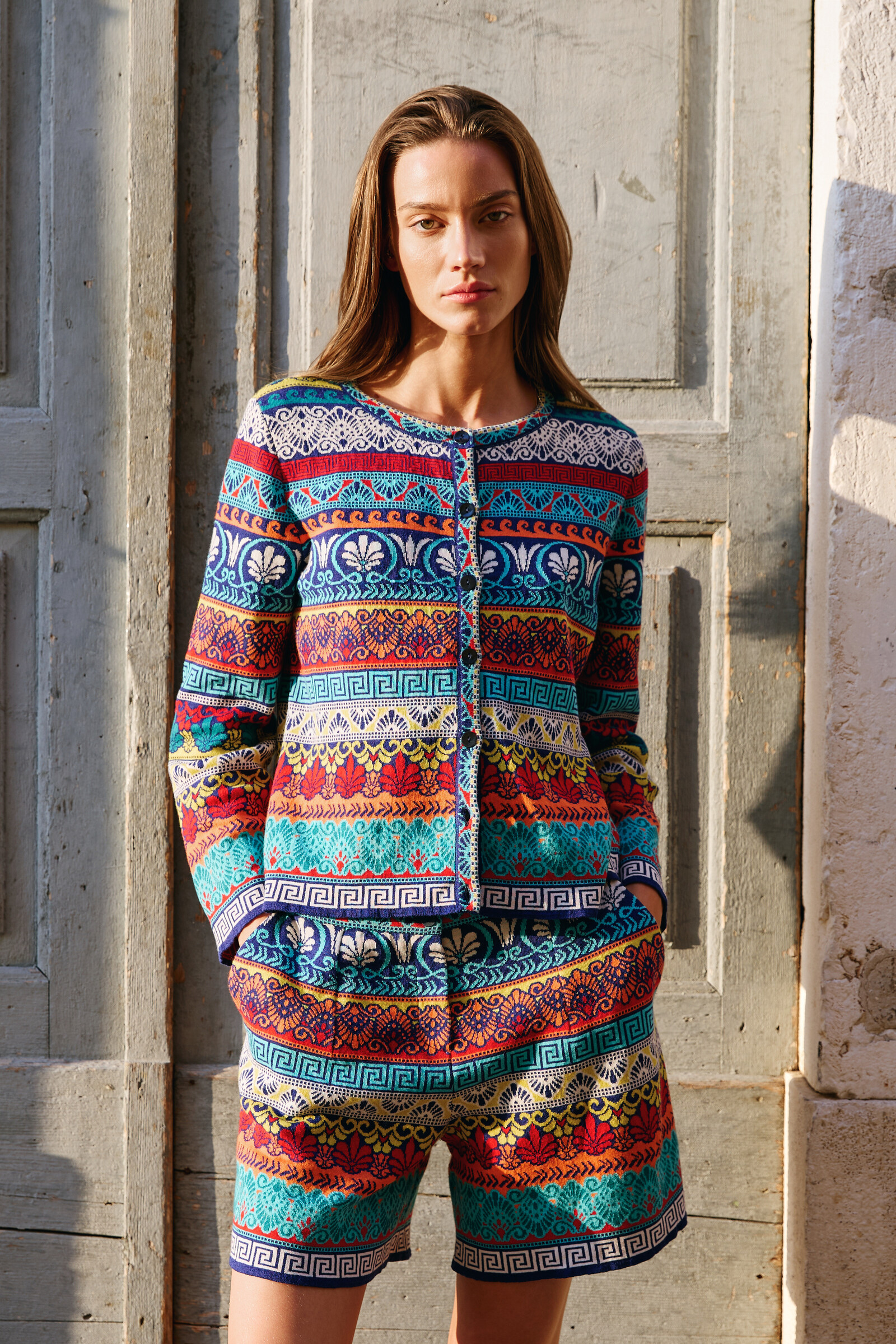 IVKO  Woman IVKO - Jacquard Cardigan Mediterranean Pattern Ink| Mediterranean Cardigan of Cotton and Linen