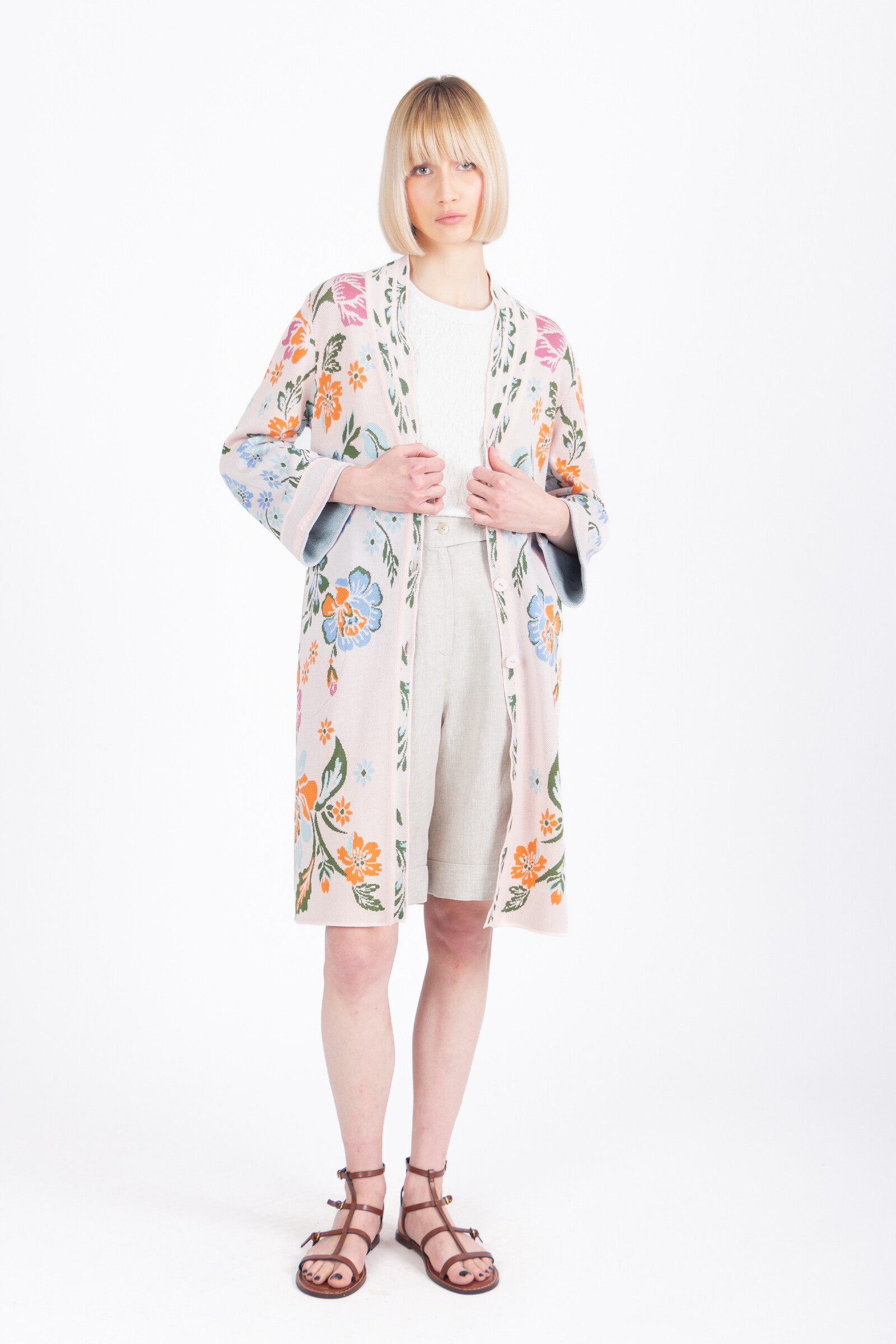 IVKO  Woman IVKO - Jacquard Coatigan Floral Pattern Light Pink | Seductive Soft Pink Cardigan with Colorful Flowers