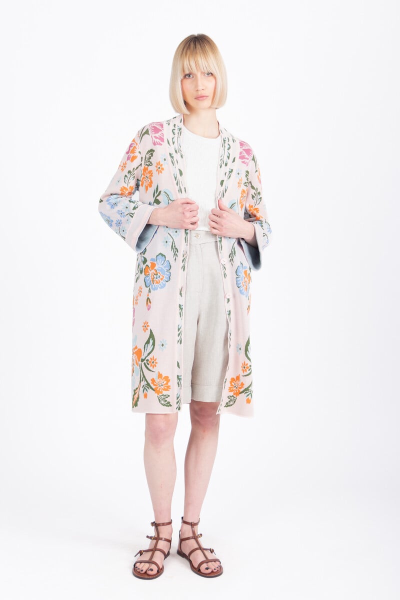 IVKO - Jacquard Coatigan Floral Pattern Light Pink | Seductive Soft Pink Cardigan with Colorful Flowers