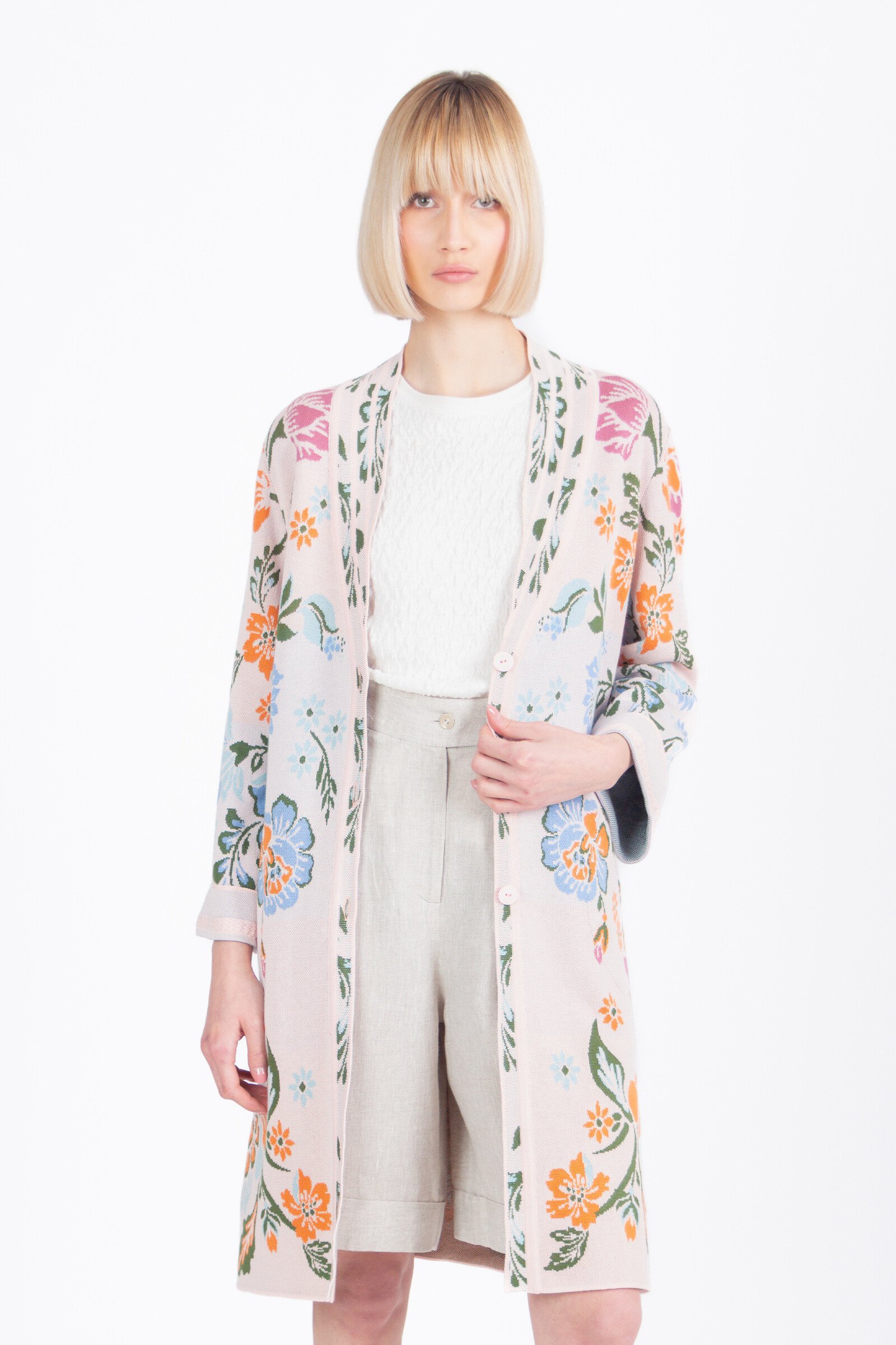 IVKO  Woman IVKO - Jacquard Coatigan Floral Pattern Light Pink | Seductive Soft Pink Cardigan with Colorful Flowers