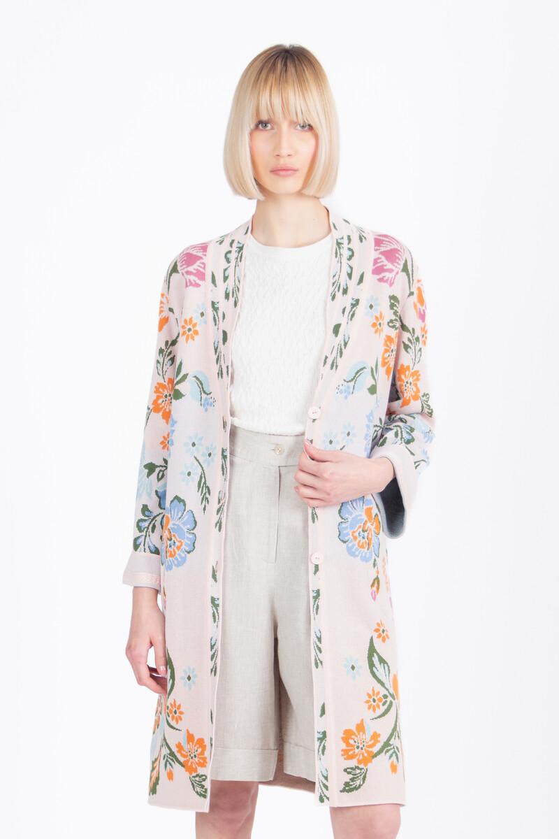 IVKO - Jacquard Coatigan Floral Pattern Light Pink | Seductive Soft Pink Cardigan with Colorful Flowers