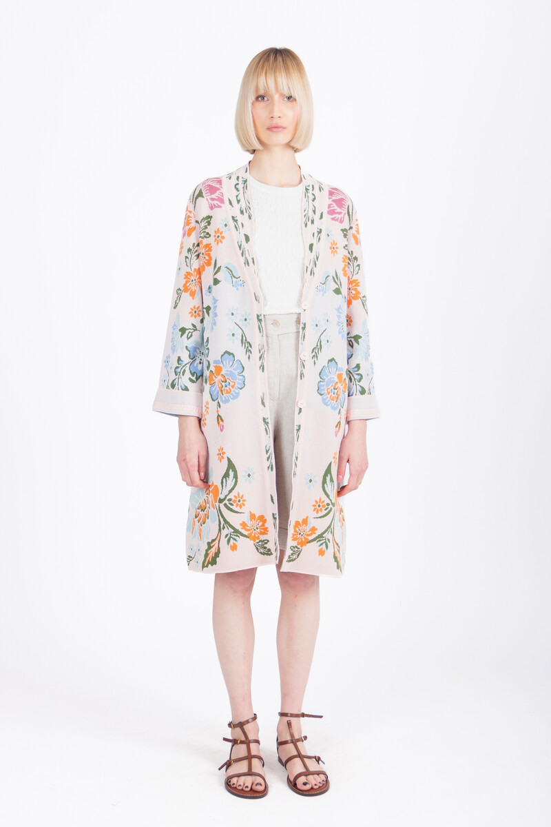 IVKO - Jacquard Coatigan Floral Pattern Light Pink | Seductive Soft Pink Cardigan with Colorful Flowers