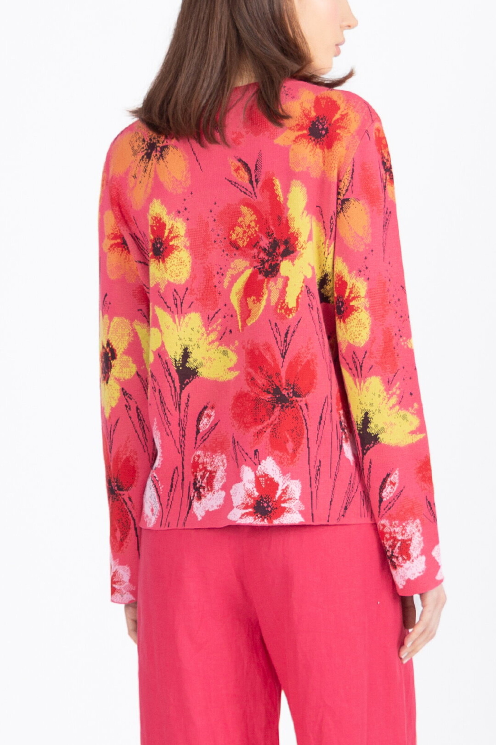 IVKO  Woman IVKO - Jacquard Cardigan Floral Pattern Pink | Artistiek Felroze Vest met Kleurrijke Bloemen