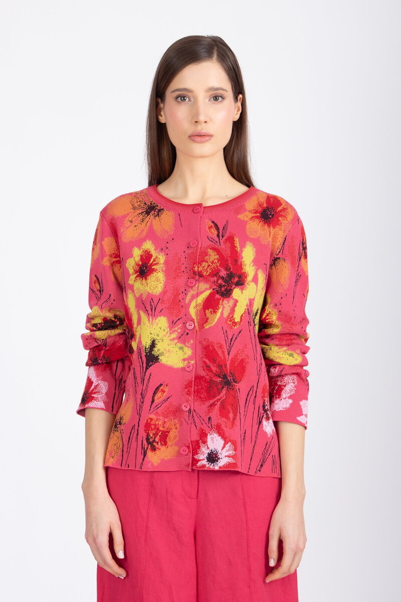 IVKO - Jacquard Cardigan Floral Pattern Pink | Artistiek Felroze Vest met Kleurrijke Bloemen