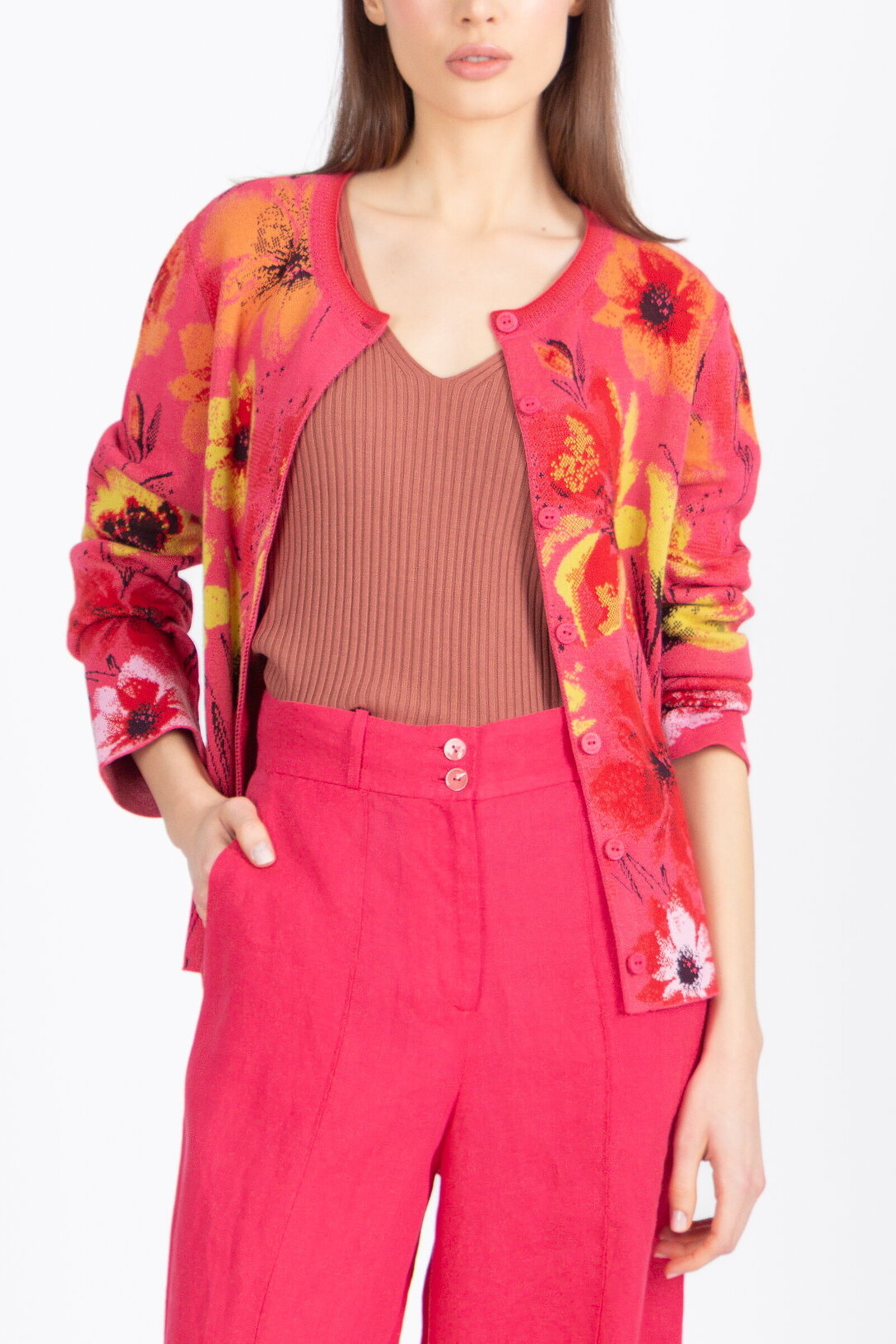 IVKO  Woman IVKO - Jacquard Cardigan Floral Pattern Pink | Artistiek Felroze Vest met Kleurrijke Bloemen