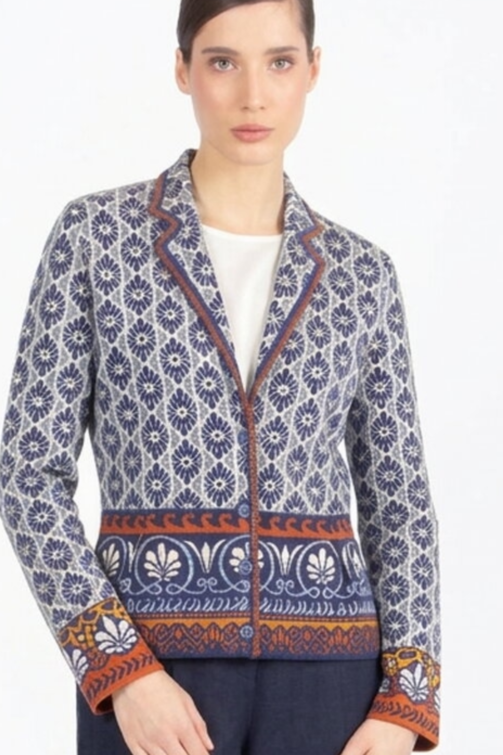 IVKO  Woman IVKO - Jacket with Lapels Mediterranean Pattern Marine | Mediterrane Strickjacke mit Revers aus Baumwolle und Leinen