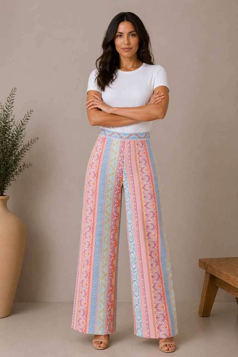 IVKO - Pants Mediterranean Pattern Light Pink | Mediterrane Hose aus Baumwolle und Leinen