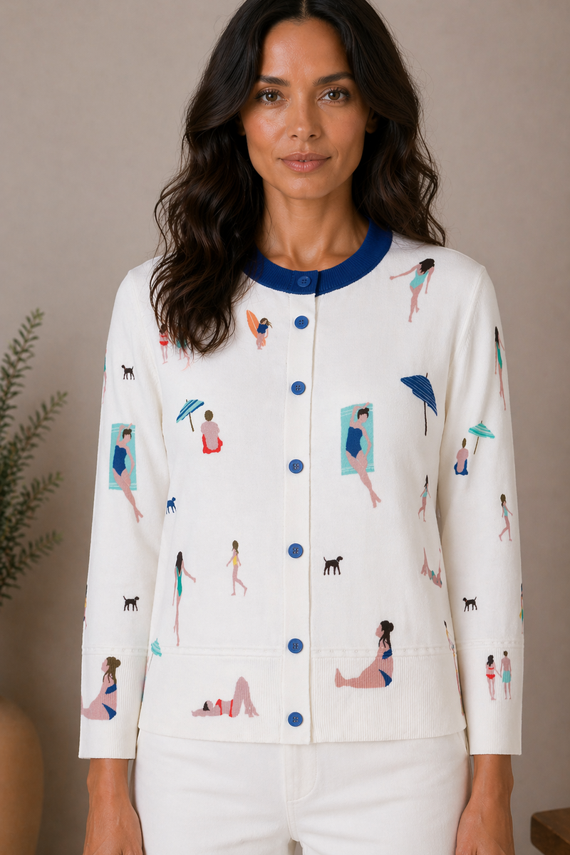 IVKO - Cardigan Beach Fun Pattern White | Wit Zomers Vest met Strandgevoel