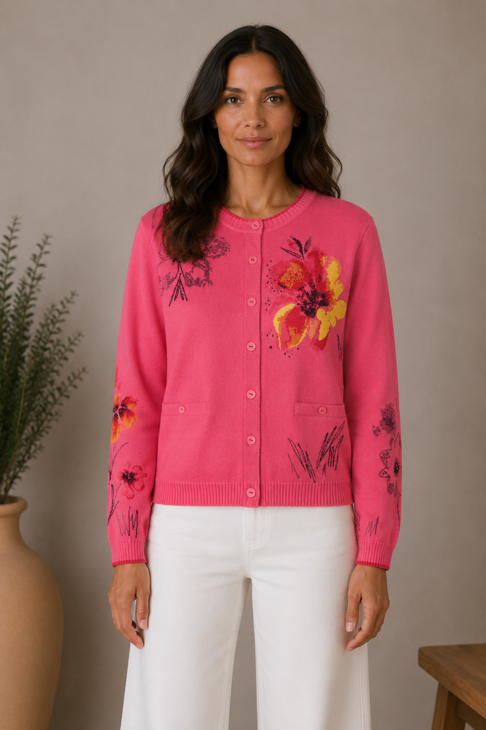 IVKO  Woman IVKO - O-Neck Cardigan Floral Pattern Pink | Artistic Bright Pink Cardigan with Colorful Flowers