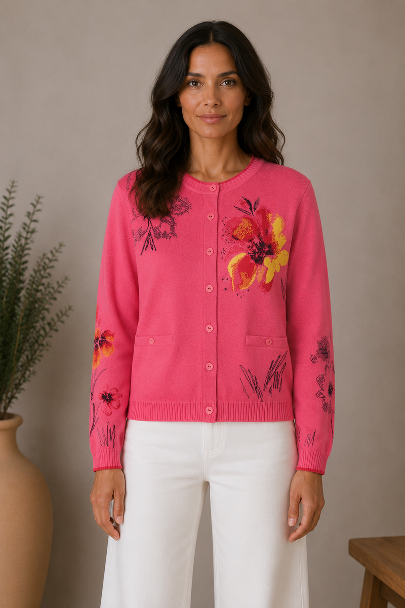 IVKO - O-Neck Cardigan Floral Pattern Pink | Artistic Bright Pink Cardigan with Colorful Flowers