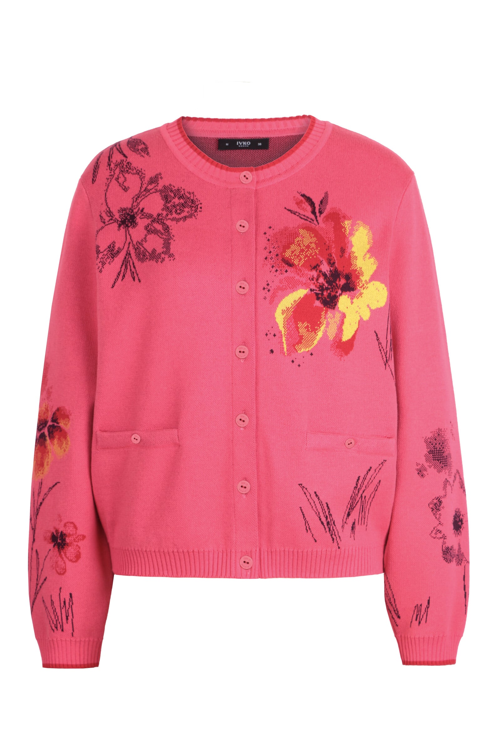 IVKO  Woman IVKO - O-Neck Cardigan Floral Pattern Pink | Artistic Bright Pink Cardigan with Colorful Flowers