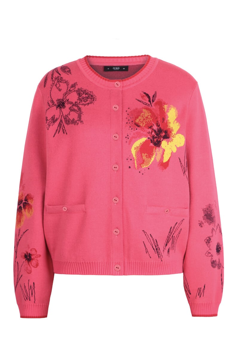 IVKO - O-Neck Cardigan Floral Pattern Pink | Artistic Bright Pink Cardigan with Colorful Flowers