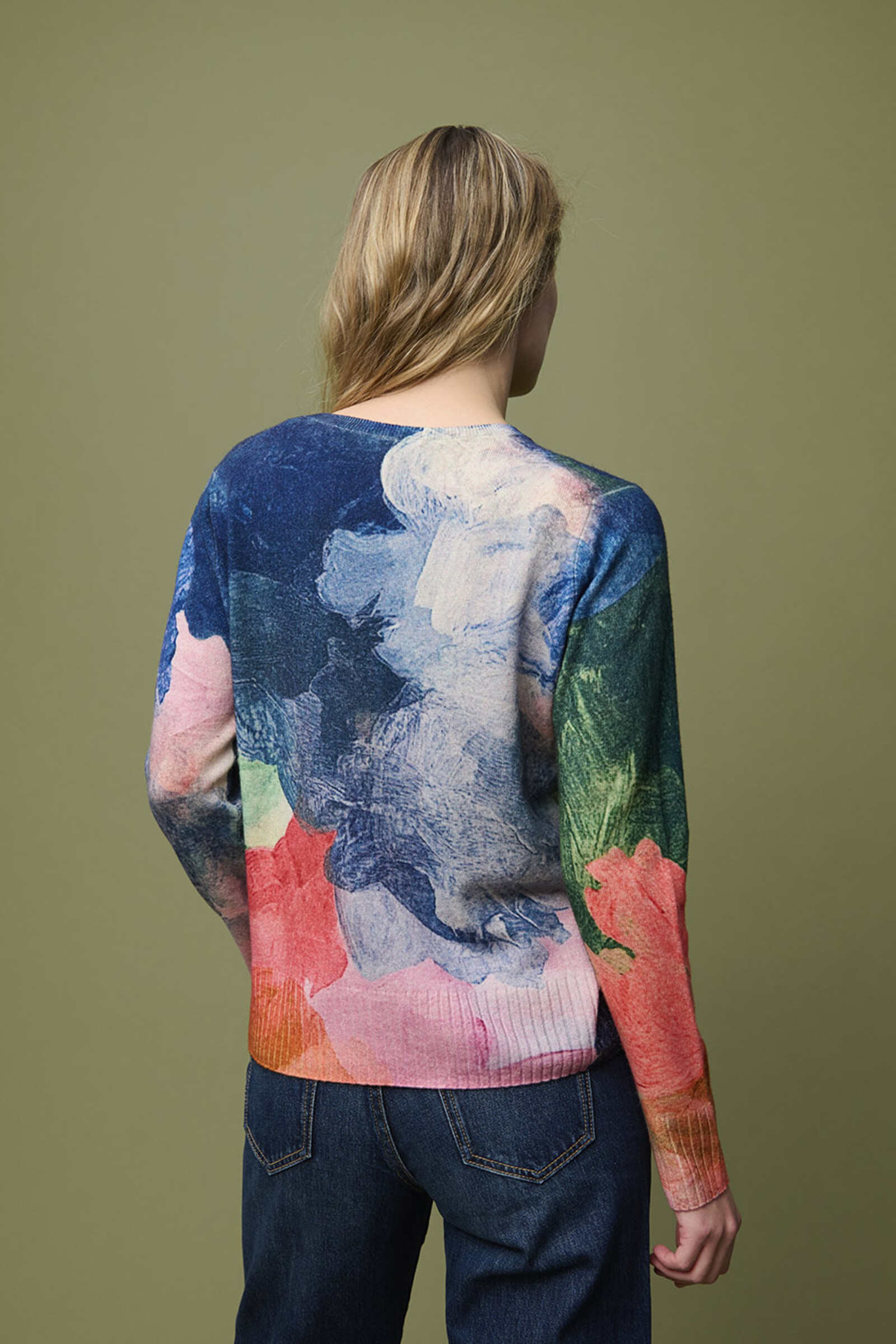 Aldo Martins  Aldo Martins - Arty Printed Sweater Blue | Luxe Fijngebreide Trui van Merinowol en Kasjmier