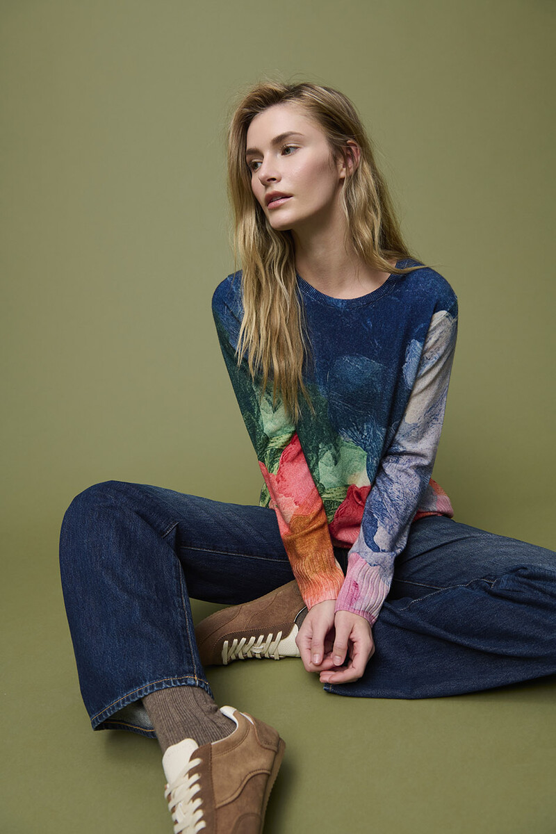 Aldo Martins - Arty Printed Sweater Blue | Luxe Fijngebreide Trui van Merinowol en Kasjmier
