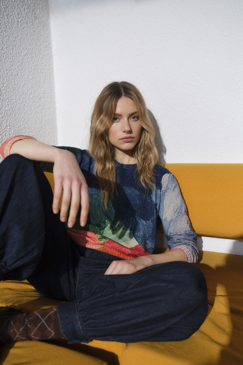 Aldo Martins - Arty Printed Sweater Blue | Luxe Fijngebreide Trui van Merinowol en Kasjmier
