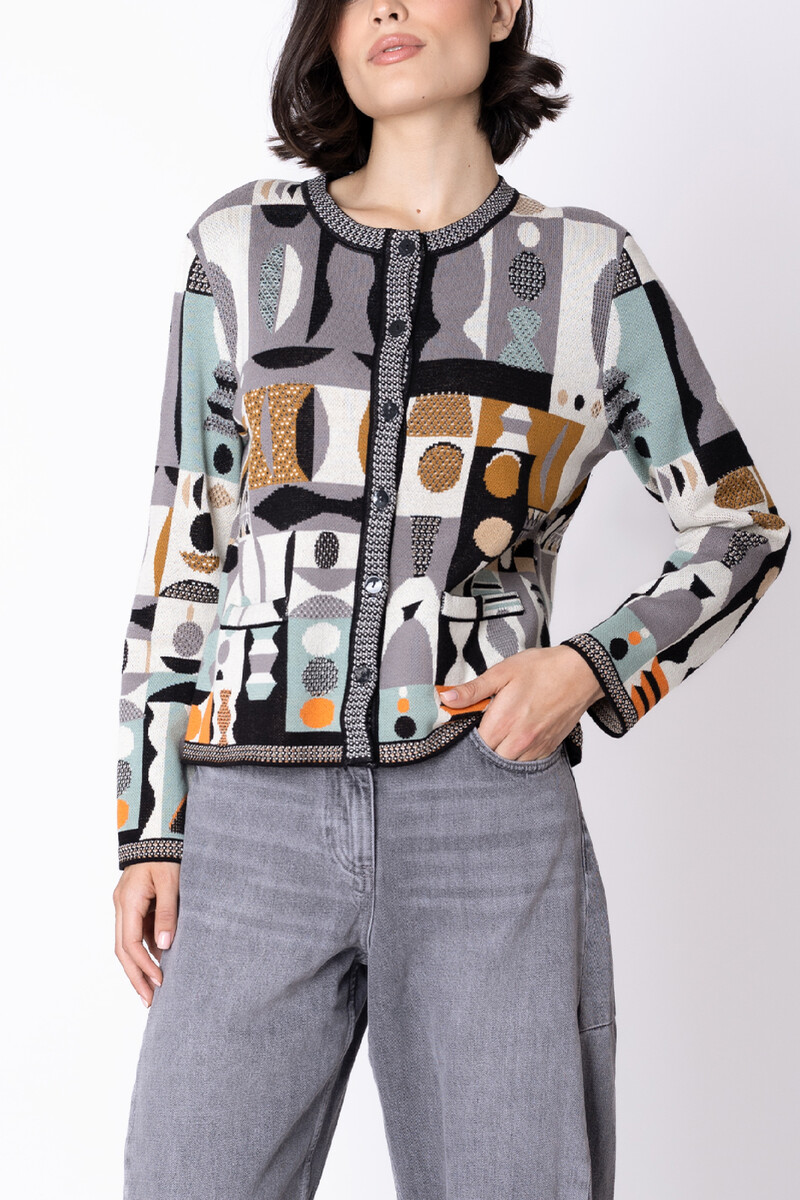 IVKO - Cardigan Abstract Geometry Black | Cardigan Fantastique 100 % Coton avec Motifs Géométriques