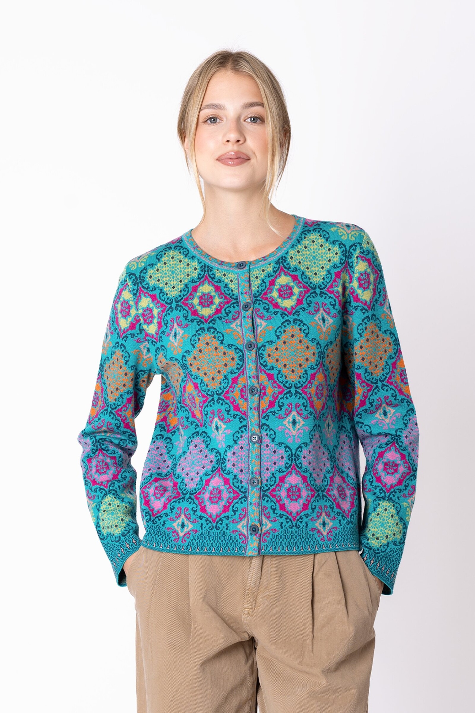 IVKO  Woman IVKO - Cardigan Azulejo Adria | Magnifique Gilet 100 % Laine avec Motifs Portugais