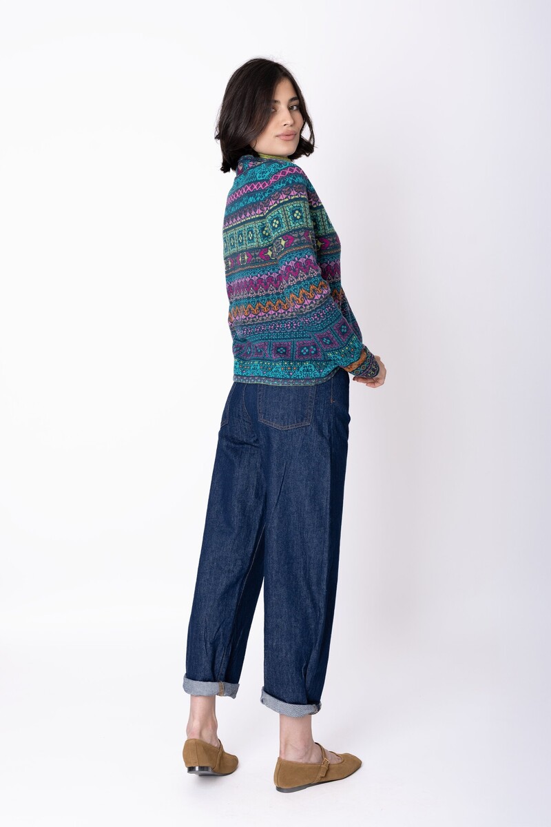 IVKO - Knit Jacket Azulejo Petrol | Oogverblindend Vest van 100% Wol met Portugese Motieven