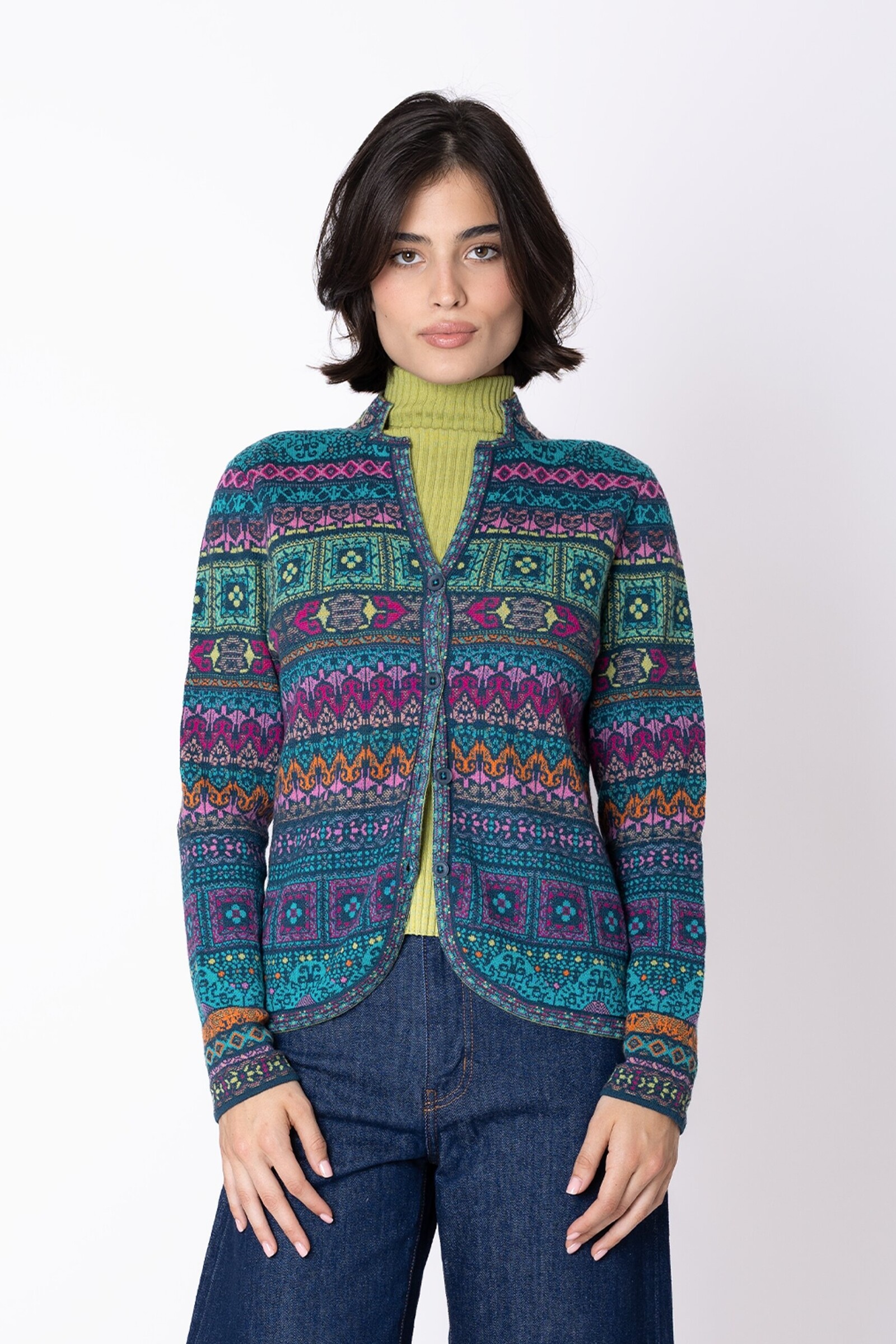 IVKO  Woman IVKO - Knit Jacket Azulejo Petrol | Oogverblindend Vest van 100% Wol met Portugese Motieven