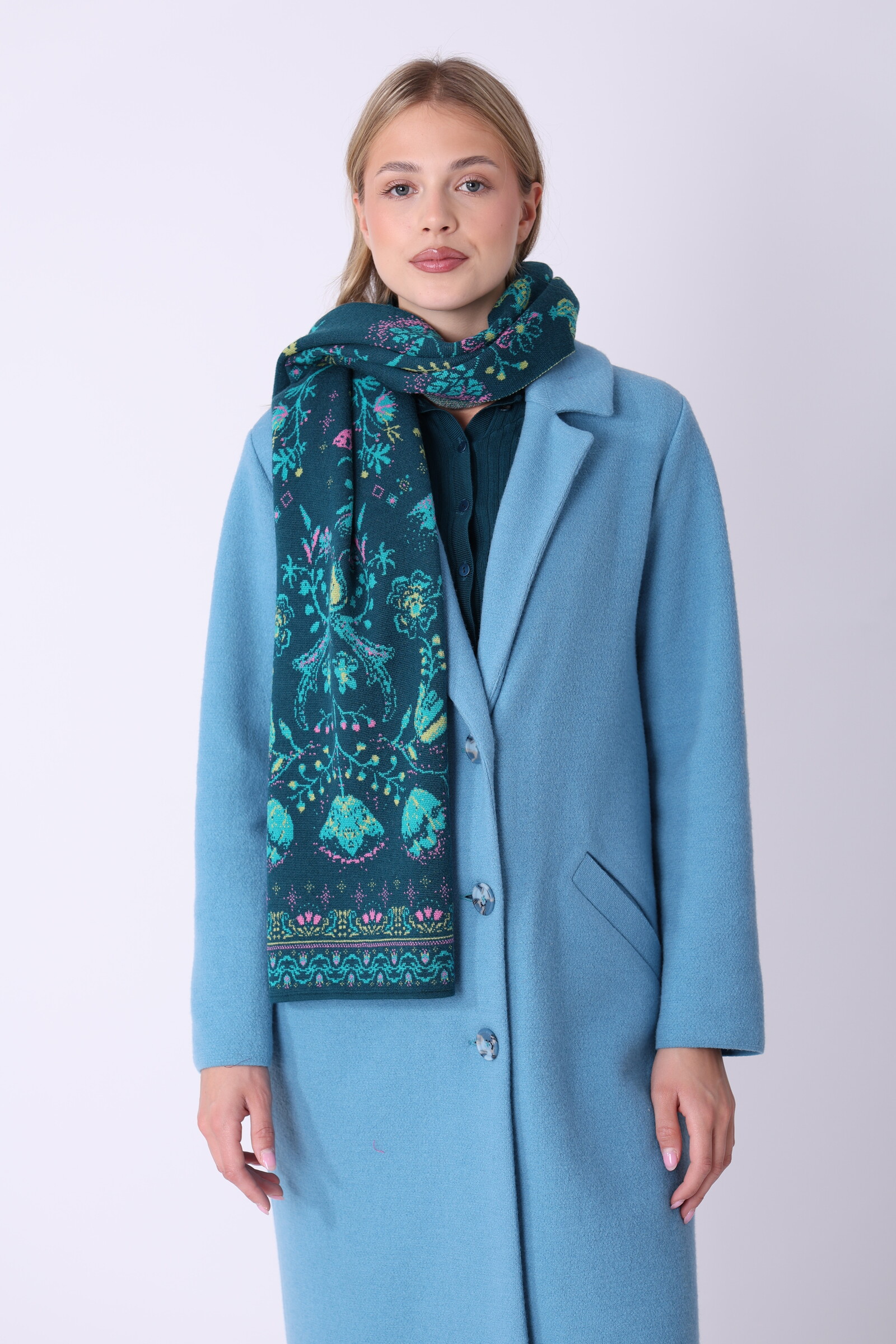 IVKO  Woman IVKO - Knit Scarf Fika Floral Petrol | Comfortabele Sjaal van 100% Wol met Scandinavische Patronen