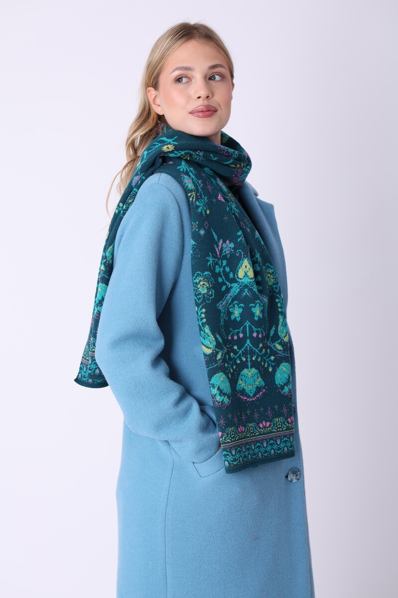 IVKO - Knit Scarf Fika Floral Petrol | Bequemer Schal aus 100% Wolle mit Skandinavischen Mustern