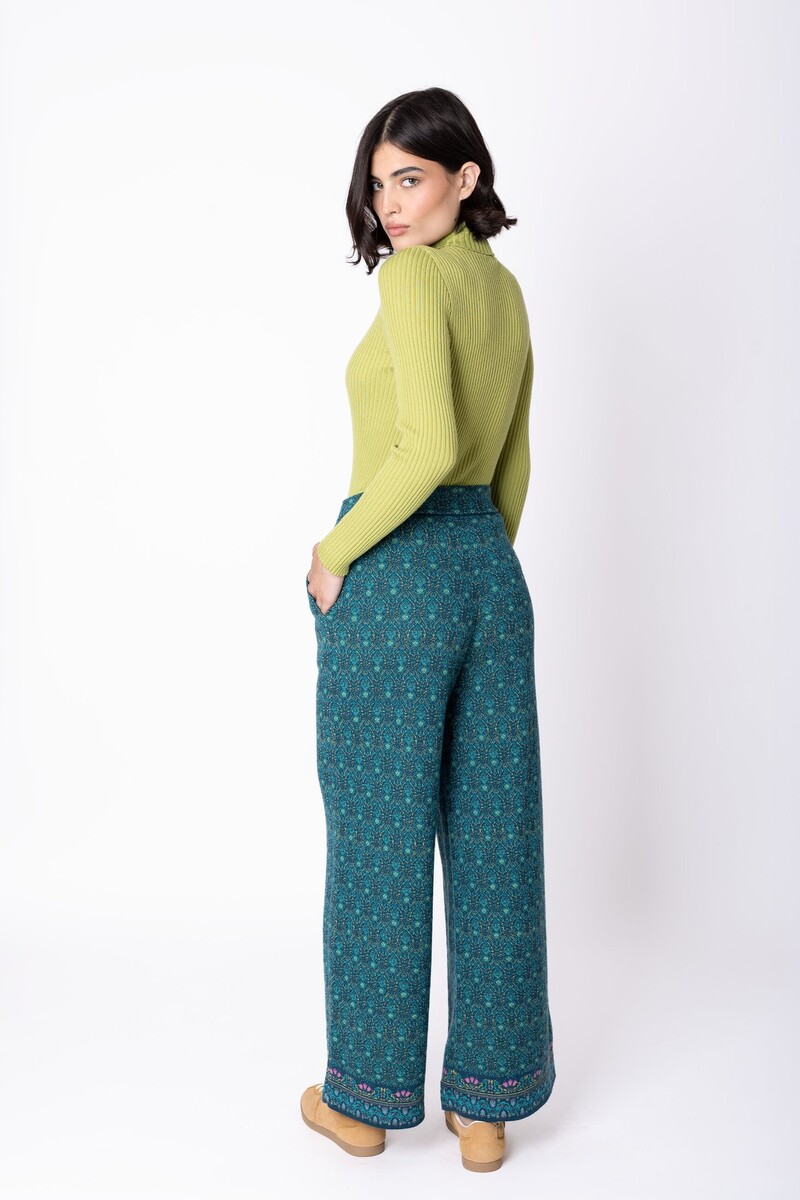 IVKO - Knit Pants Fika Floral Petrol | Pantalon de Luxe 100% Laine avec Taille Élastiquée