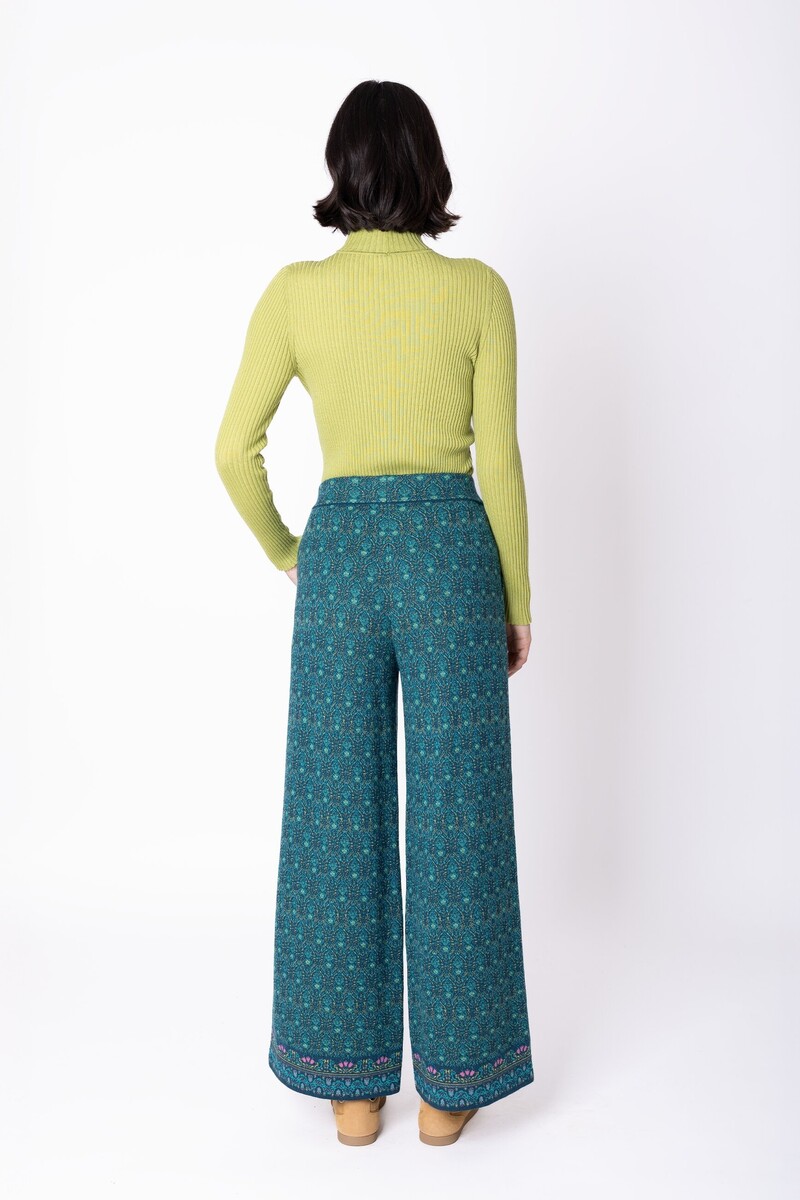 IVKO - Knit Pants Fika Floral Petrol | Pantalon de Luxe 100% Laine avec Taille Élastiquée