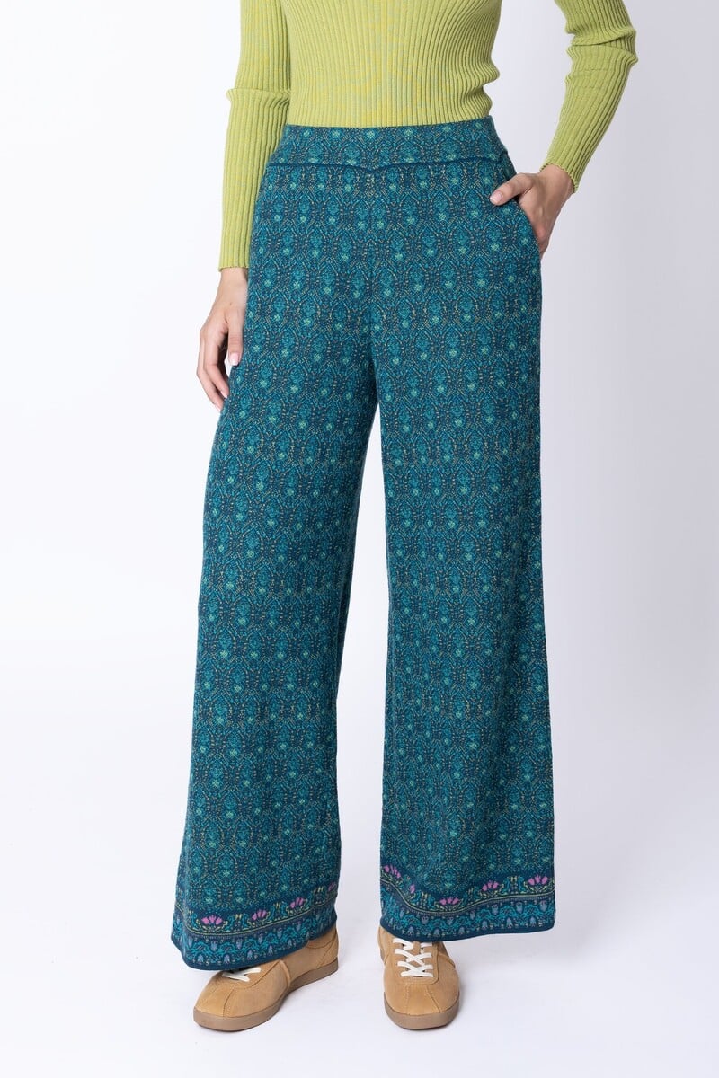 IVKO - Knit Pants Fika Floral Petrol | Pantalon de Luxe 100% Laine avec Taille Élastiquée