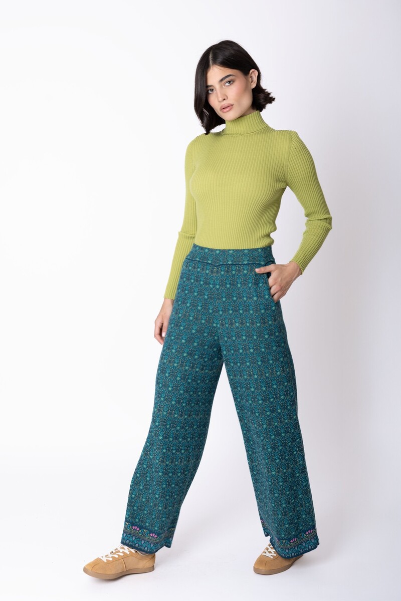 IVKO - Knit Pants Fika Floral Petrol | Luxueuze Broek van 100% Wol met Elastische Tailleband