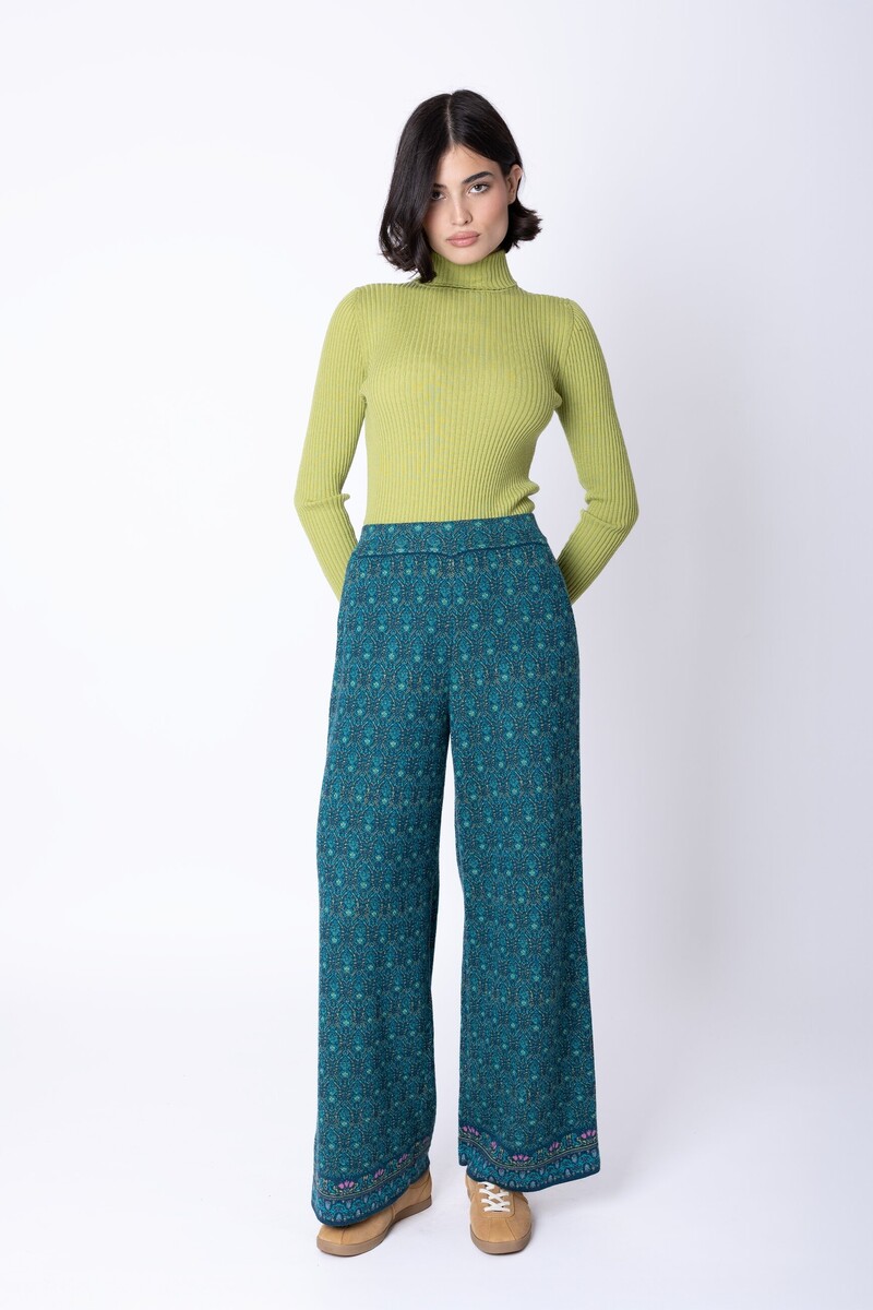 IVKO - Knit Pants Fika Floral Petrol | Luxueuze Broek van 100% Wol met Elastische Tailleband