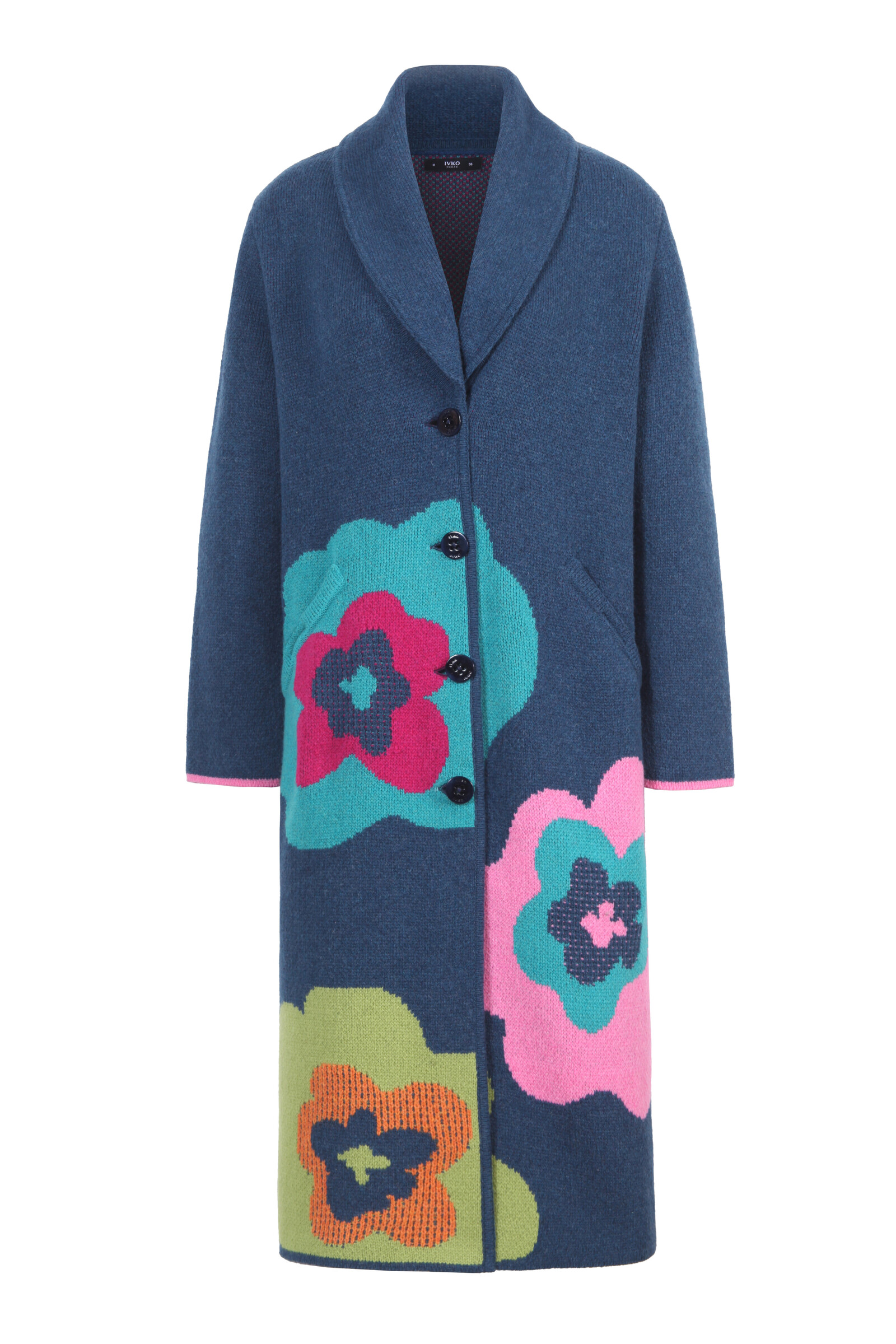 IVKO  Woman IVKO - Coat Imprint Bloom Petrol | Extravagante Mantel van 80% Wol en 20% Nylon