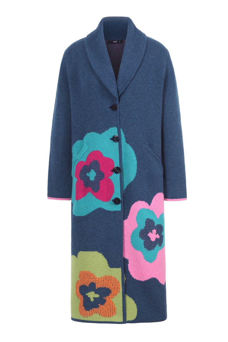 IVKO - Coat Imprint Bloom Petrol | Extravagante Mantel van 80% Wol en 20% Nylon