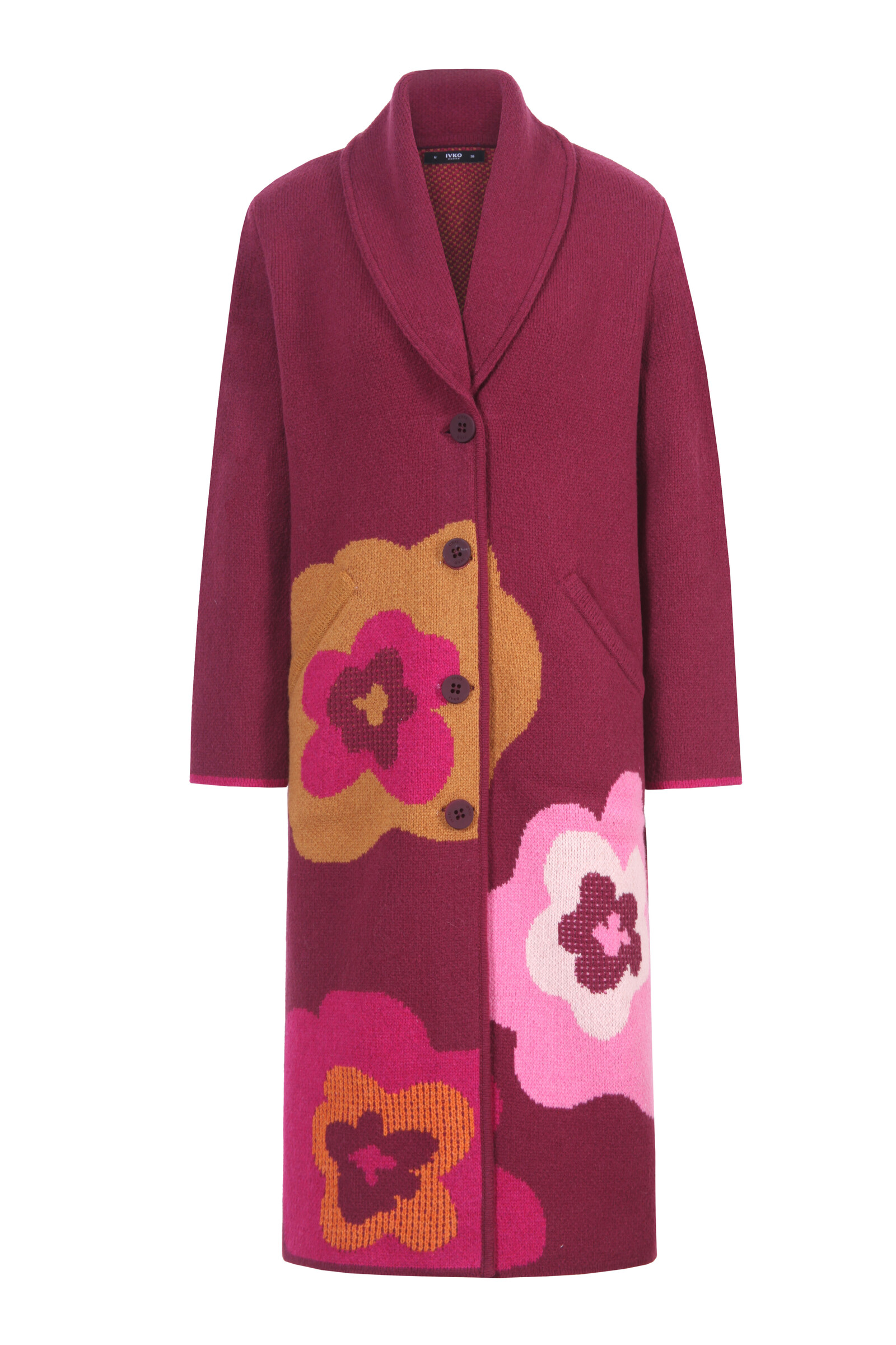 IVKO  Woman IVKO - Coat Imprint Bloom Cherry | Extravagante Mantel van 80% Wol en 20% Nylon