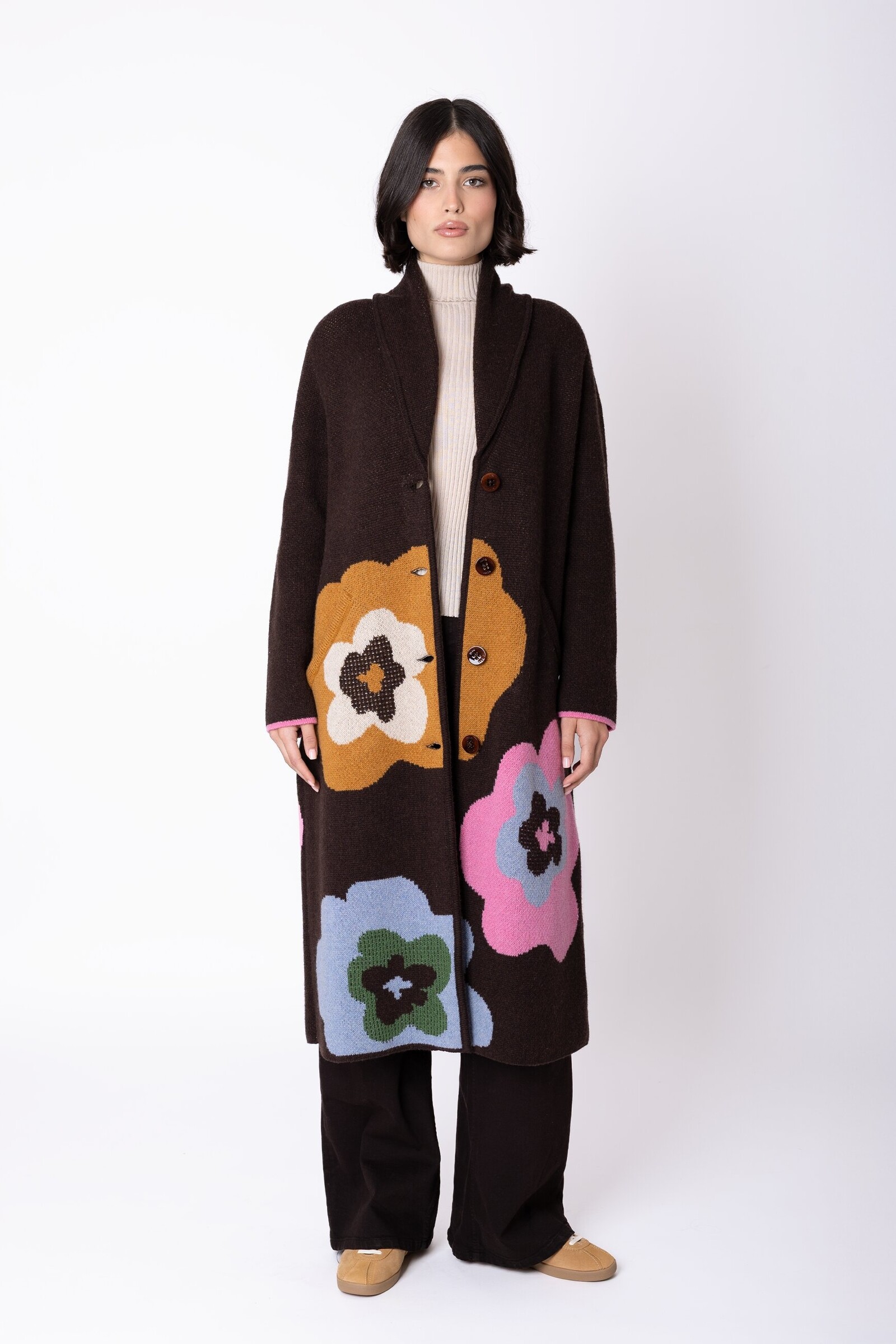 IVKO  Woman IVKO - Coat Imprint Bloom Chocolate | Extravagante Mantel van 80% Wol en 20% Nylon