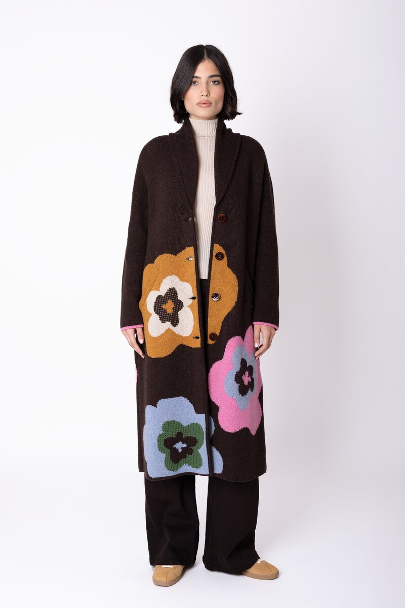 IVKO - Coat Imprint Bloom Chocolate | Extravagante Mantel van 80% Wol en 20% Nylon