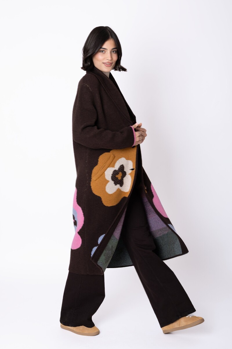 IVKO - Coat Imprint Bloom Chocolate | Extravagante Mantel van 80% Wol en 20% Nylon